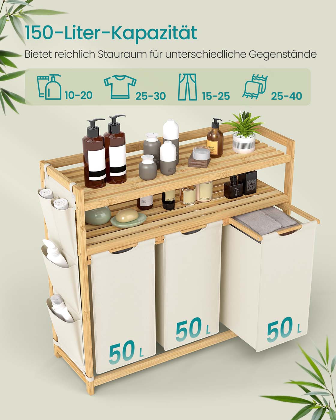 Wäschekorb aus Bambus mit 2 Fächern – mit Ablagen und Seitentaschen – 100/150 Liter