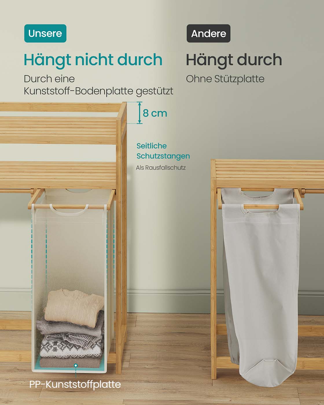 Wäschekorb aus Bambus mit 2 Fächern – mit Ablagen und Seitentaschen – 100/150 Liter