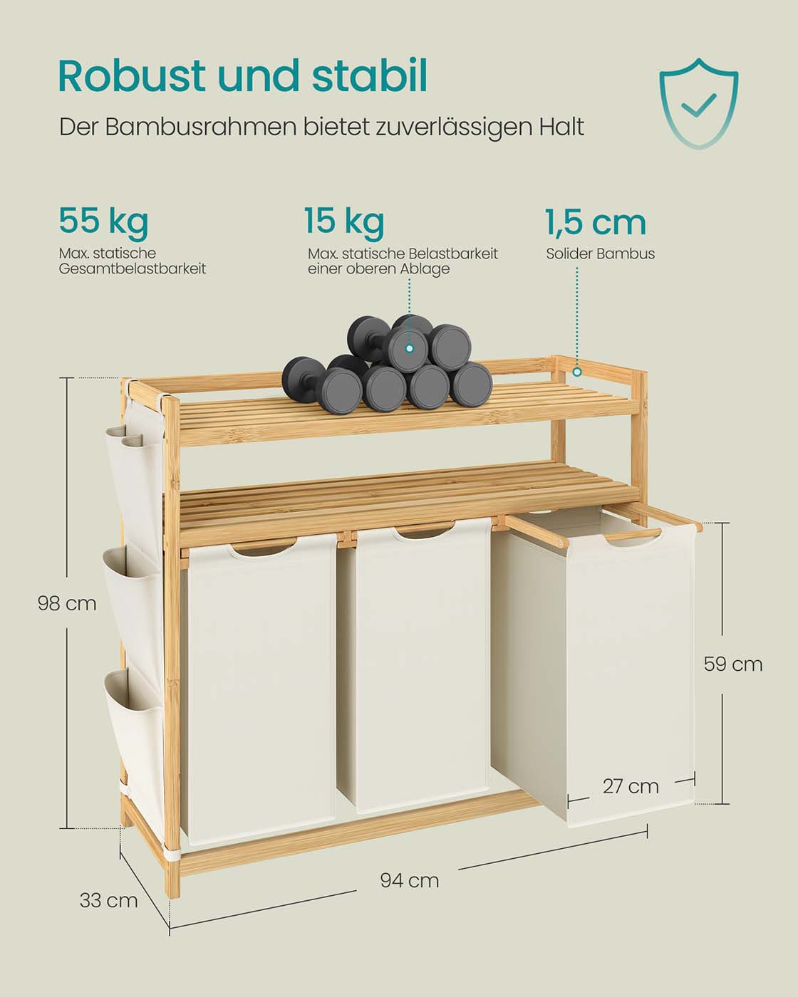 Wäschekorb aus Bambus mit 2 Fächern – mit Ablagen und Seitentaschen – 100/150 Liter