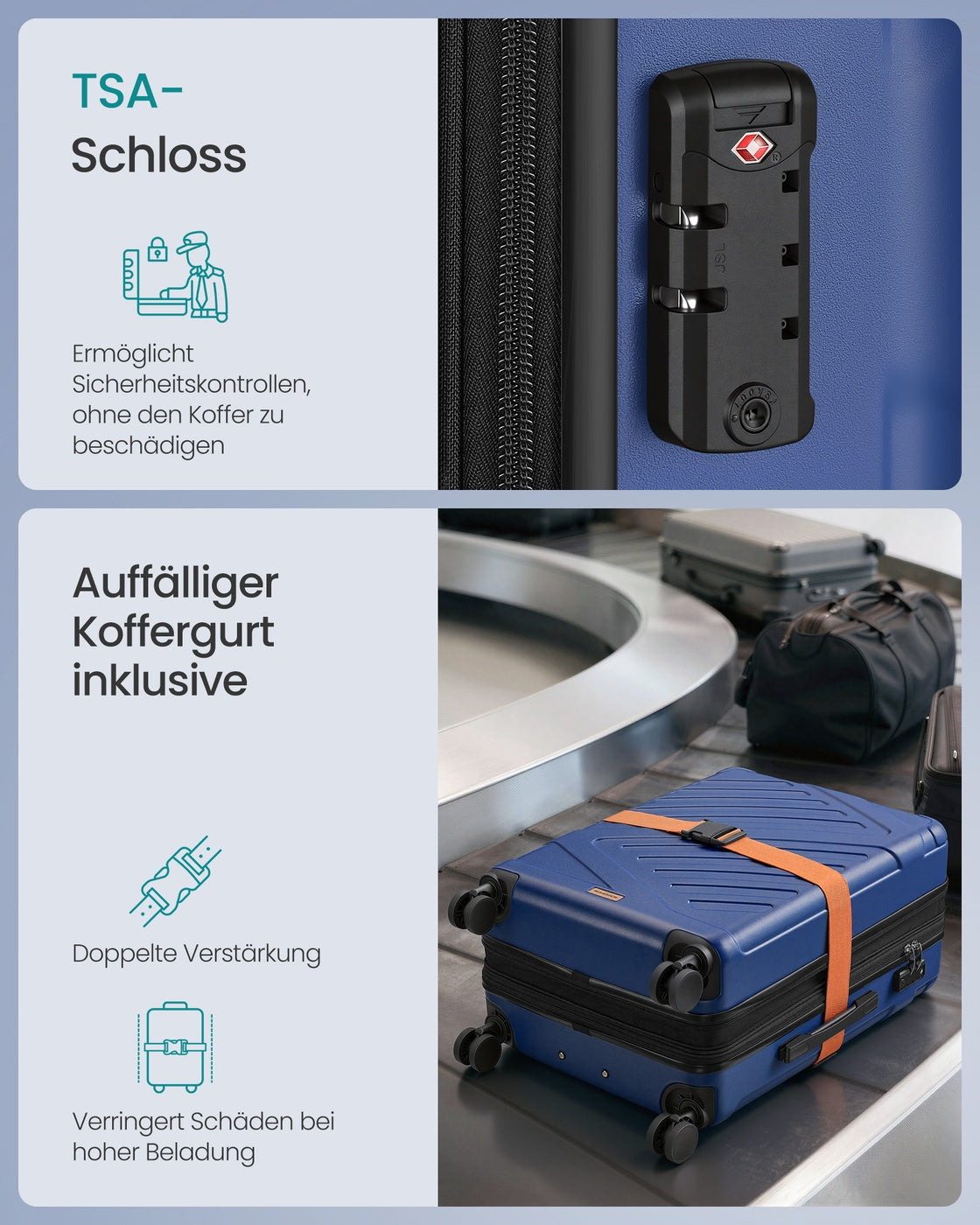Hartschalenkoffer – mit TSA-Schloss – 4 Doppelrollen – inklusive Koffergurt