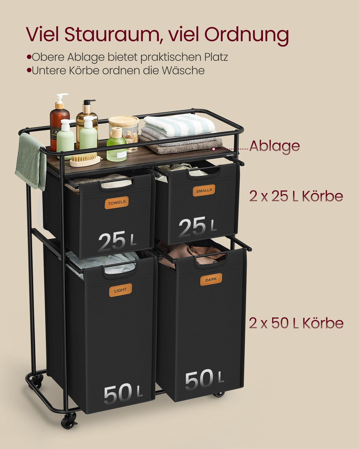 Wäschesortierer mit 4 Körben und Rollen – Wäschewagen mit Etiketten und oberer Ablage – 150 Liter – 72 cm breit – Bis zu 39 kg Tragkraft