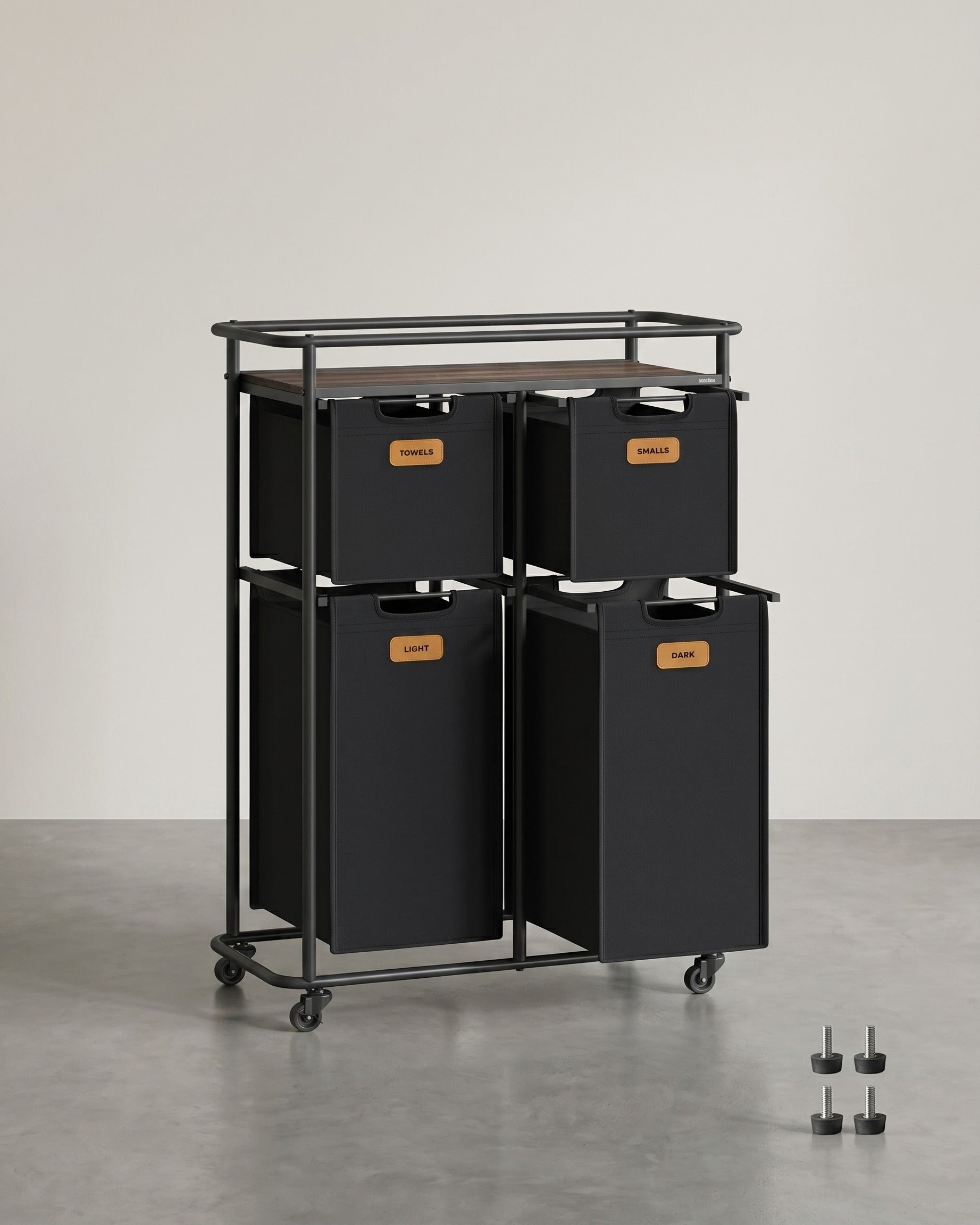 Wäschesortierer mit 4 Körben und Rollen – Wäschewagen mit Etiketten und oberer Ablage – 150 Liter – 72 cm breit – Bis zu 39 kg Tragkraft