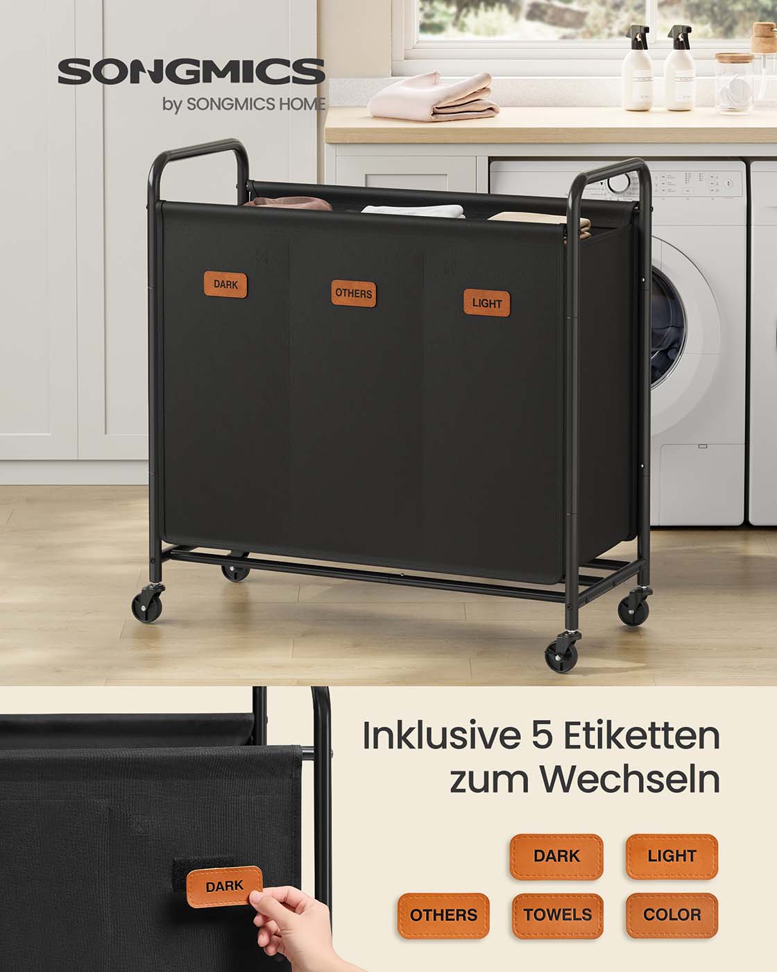 Wäschesortierer auf Rädern – 2 Fächer – Mit Griffen, Etiketten und Deckel – 140/170/200 Liter