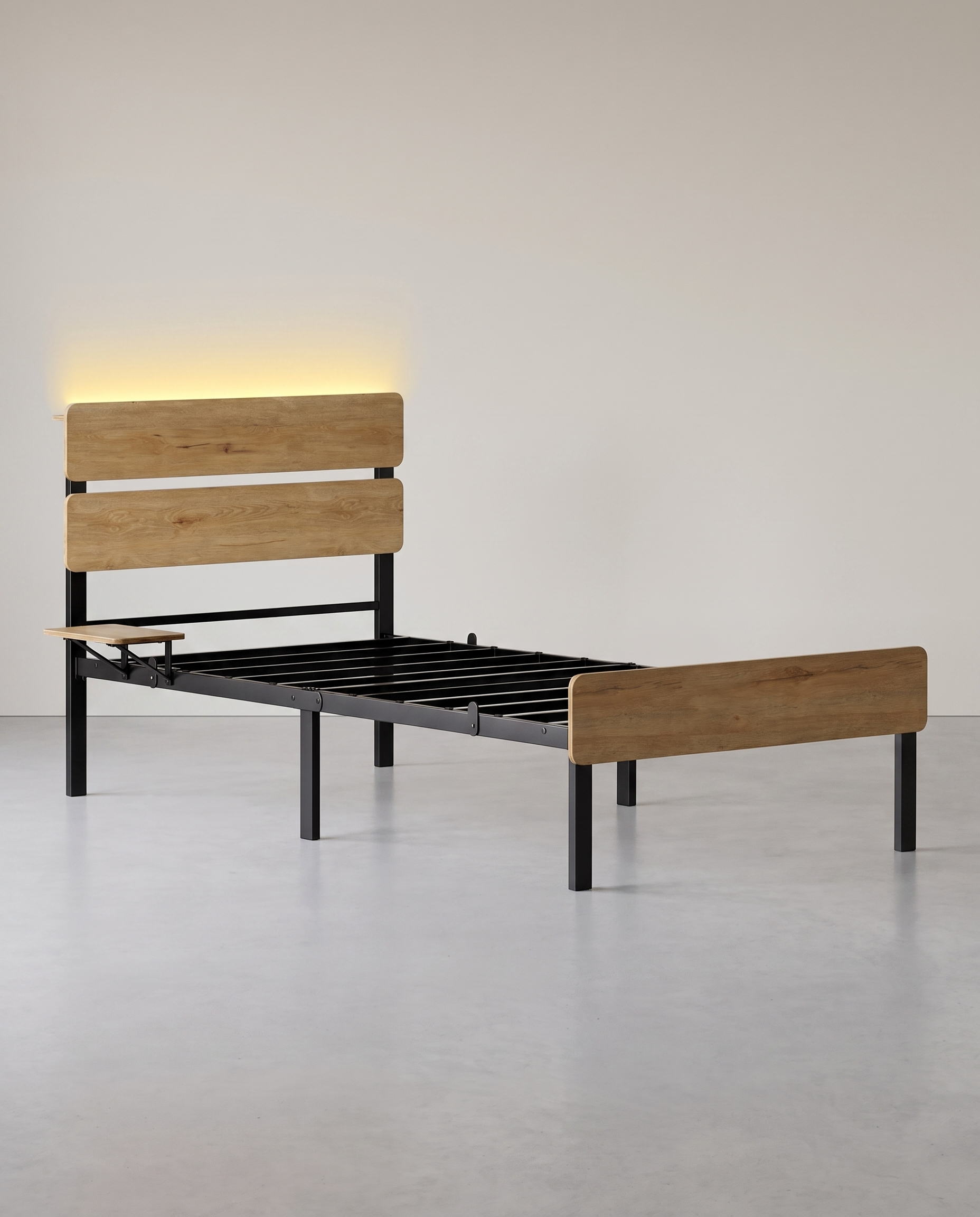 Metallbettgestell mit LED-Beleuchtung und Ladestation – Industriedesign – USB-A und USB-C – mit Stauraum unter dem Bett – 90 x 200 cm