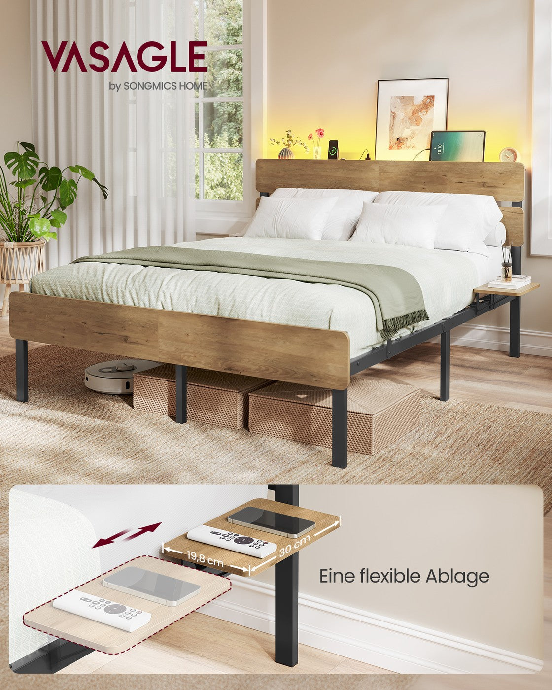 Metallbettgestell mit LED-Beleuchtung und Ladestation – Industriedesign – USB-A und USB-C – mit Stauraum unter dem Bett
