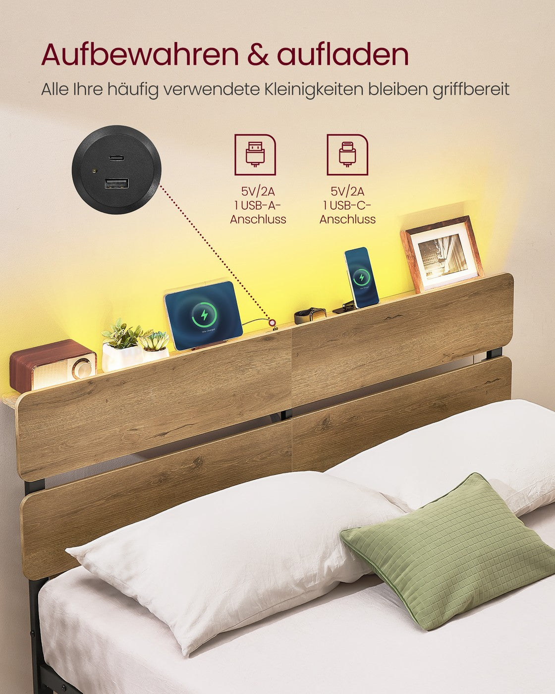 Metallbettgestell mit LED-Beleuchtung und Ladestation – Industriedesign – USB-A und USB-C – mit Stauraum unter dem Bett