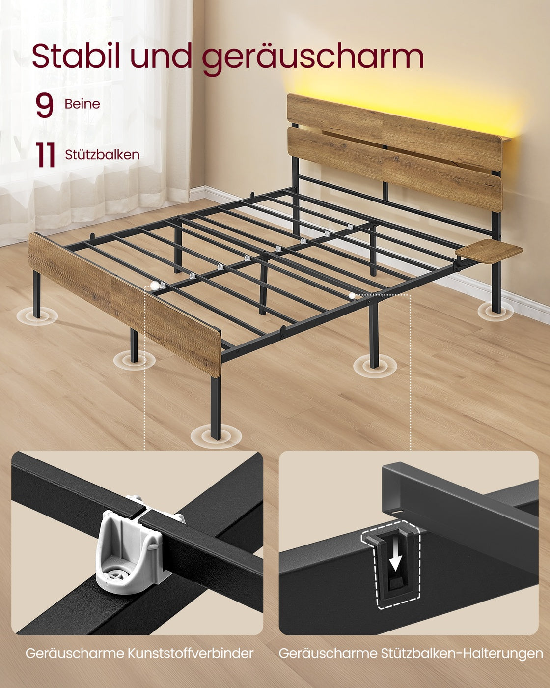 Metallbettgestell mit LED-Beleuchtung und Ladestation – Industriedesign – USB-A und USB-C – mit Stauraum unter dem Bett
