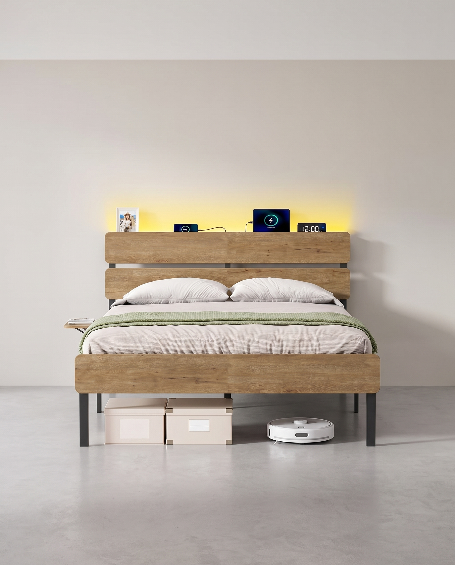 Metallbettgestell mit LED-Beleuchtung und Ladestation – Industriedesign – USB-A und USB-C – mit Stauraum unter dem Bett – 140 x 200 cm