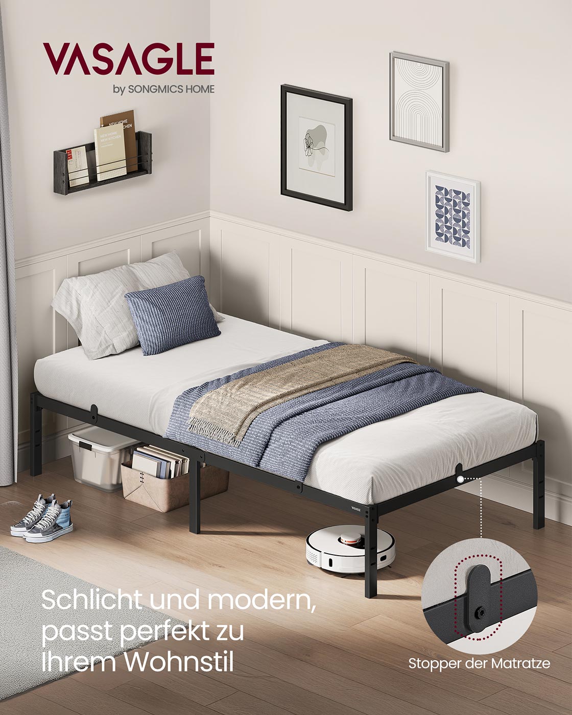 Metallbettgestell – 90/140/160 x 200 cm – Hohes Unterbett – Geräuscharm – Stabil und Robust