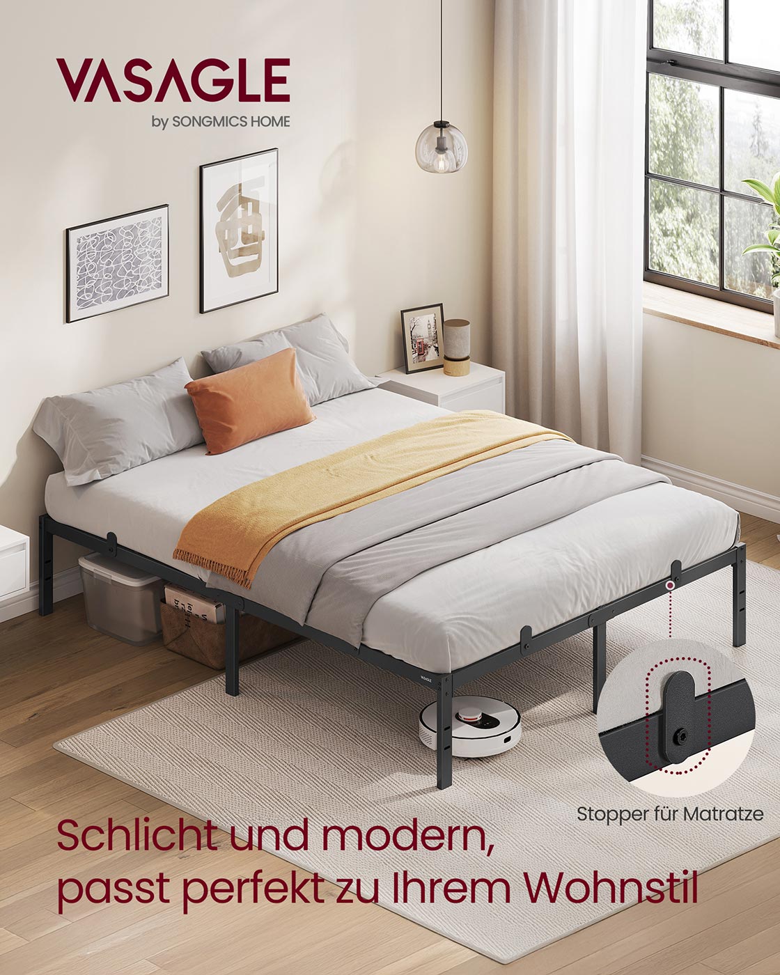 Metallbettgestell – 90/140/160 x 200 cm – Hohes Unterbett – Geräuscharm – Stabil und Robust