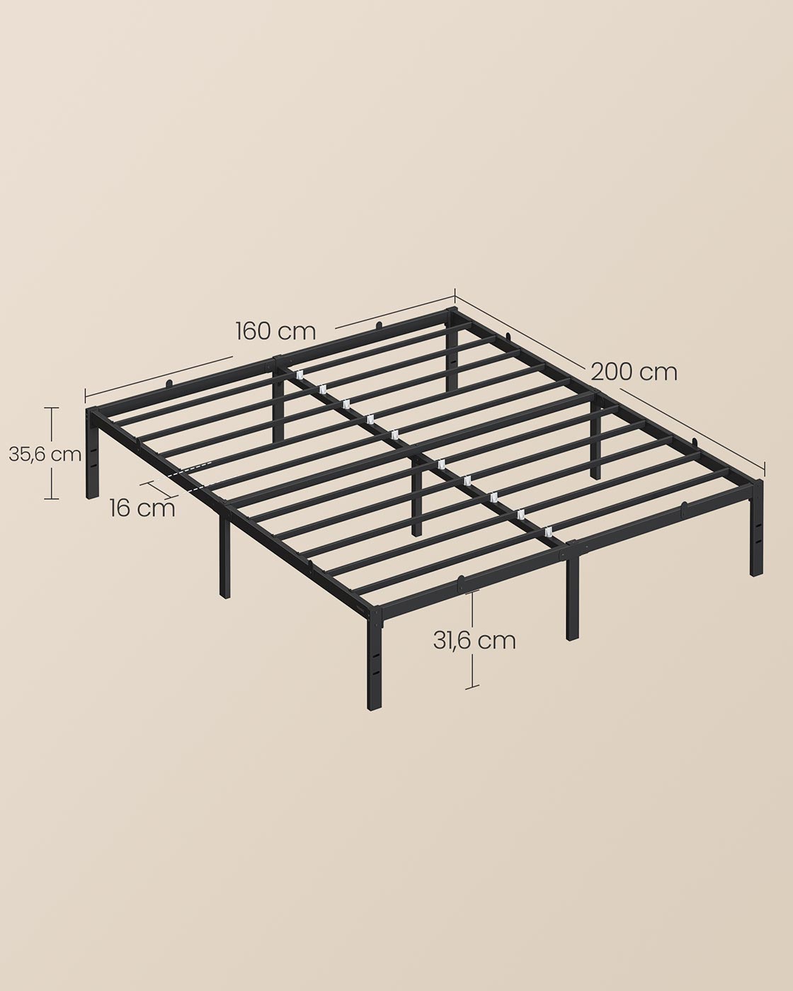 Metallbettgestell – 90/140/160 x 200 cm – Hohes Unterbett – Geräuscharm – Stabil und Robust