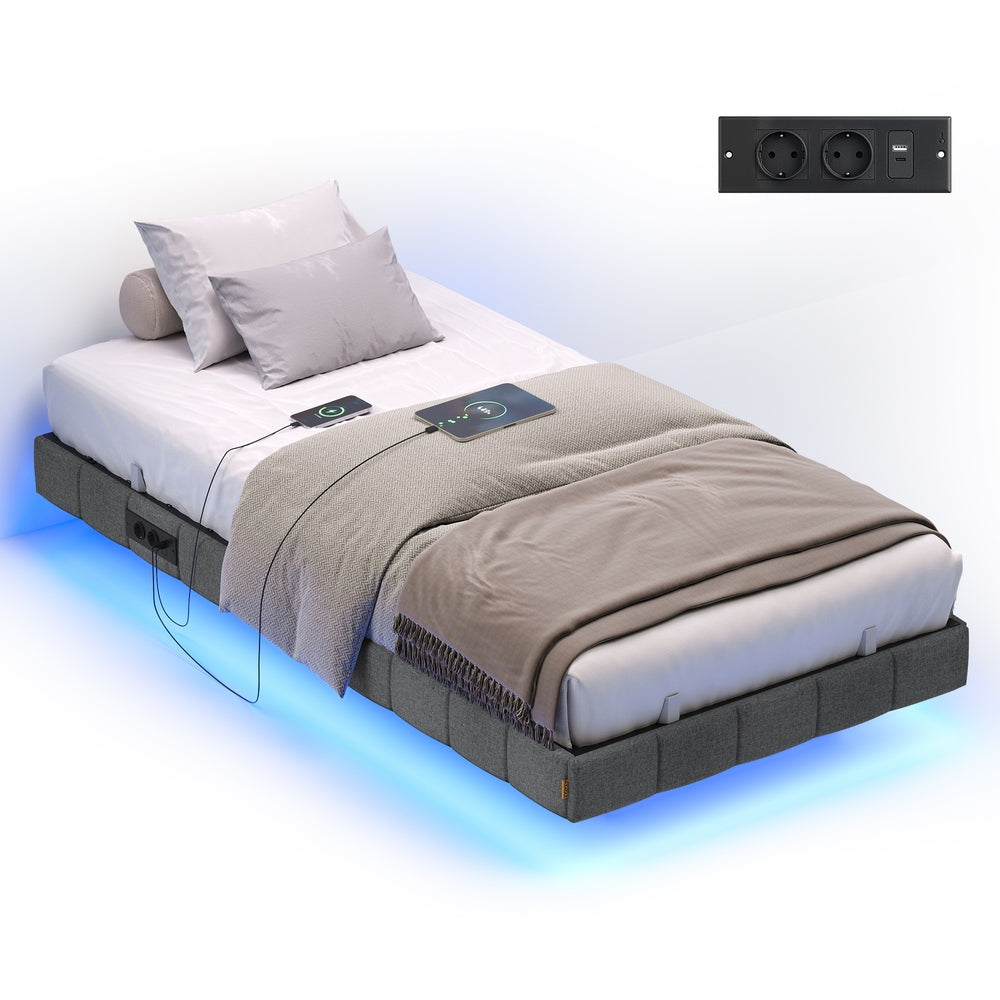 Schwebendes Bettgestell Mit LED-Beleuchtung - Mit Steckdose Und USB-C - Gepolsterter Rand