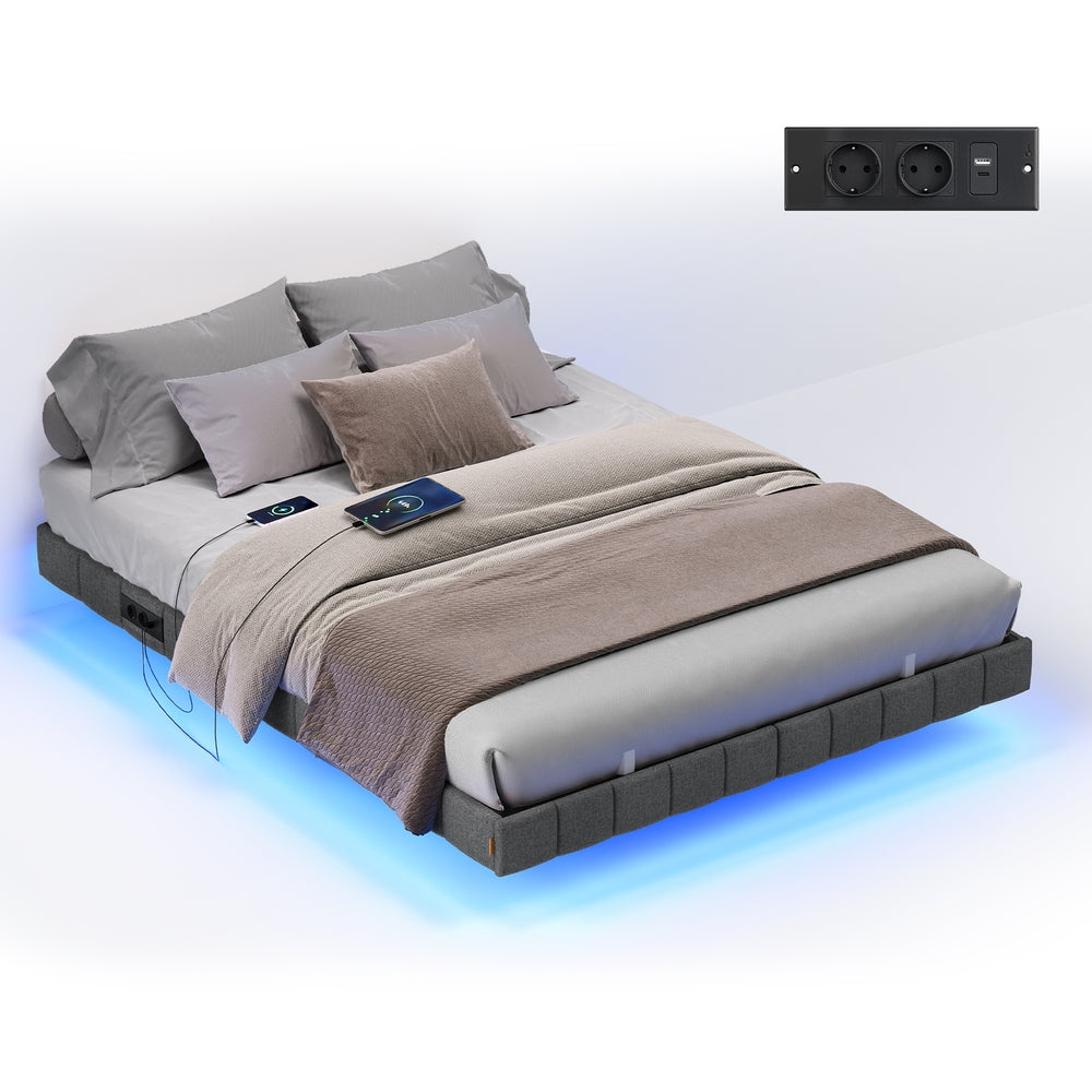 Schwebendes Bettgestell Mit LED-Beleuchtung - Mit Steckdose Und USB-C - Gepolsterter Rand