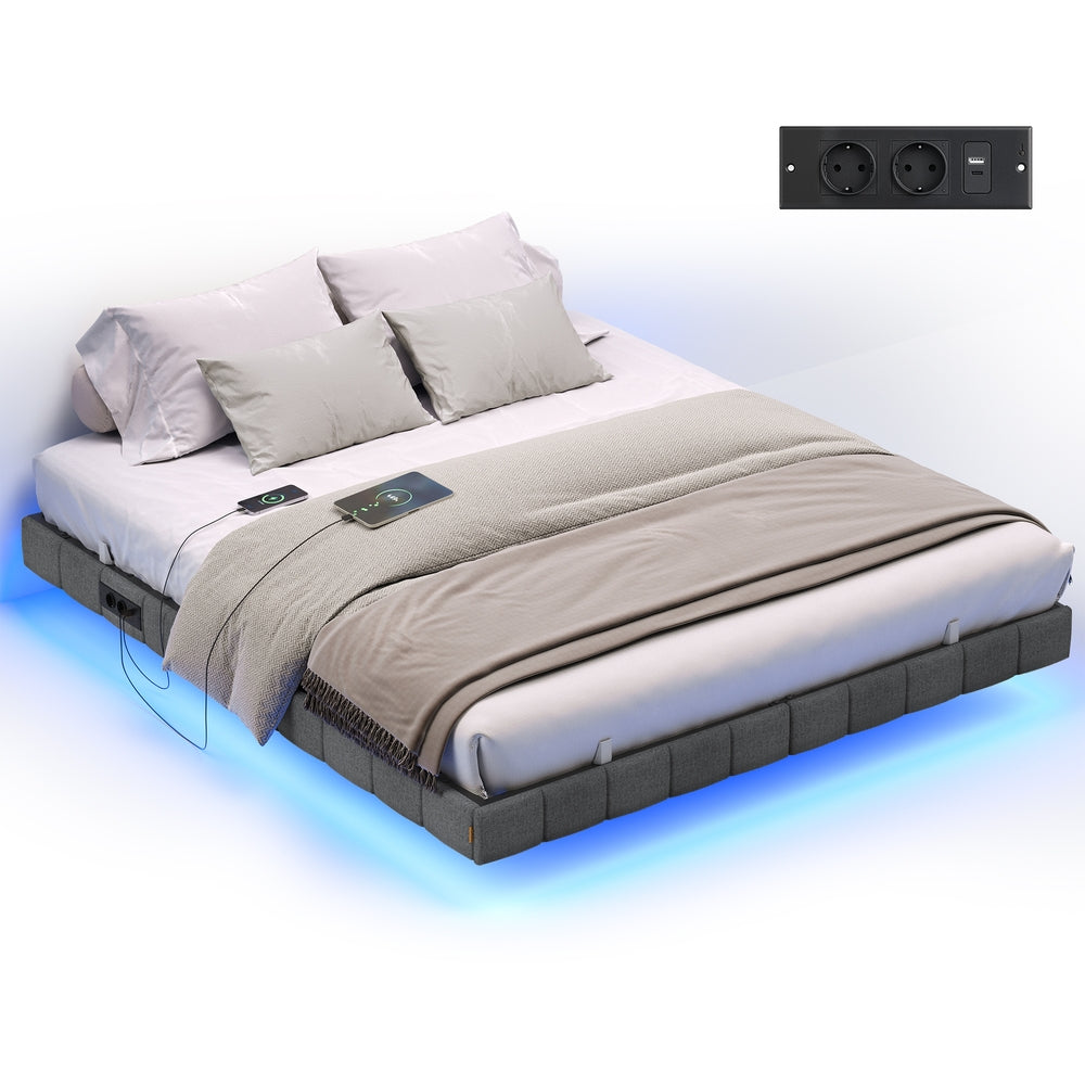 Schwebendes Bettgestell Mit LED-Beleuchtung - Mit Steckdose Und USB-C - Gepolsterter Rand