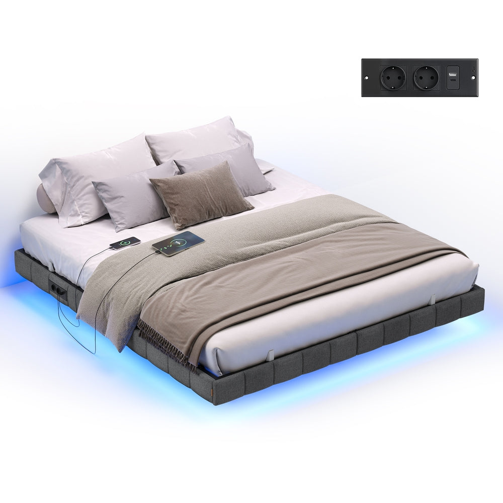 Schwebendes Bettgestell Mit LED-Beleuchtung - Mit Steckdose Und USB-C - Gepolsterter Rand