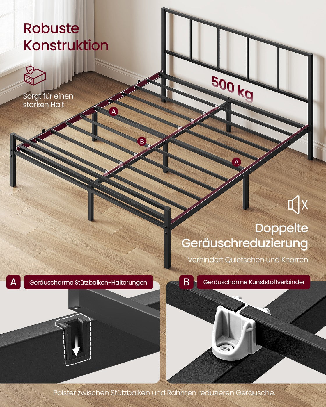 Metallbettgestell 160x200 cm - Mattschwarz - Mit 2 Ablageböden - Bis 450 kg belastbar