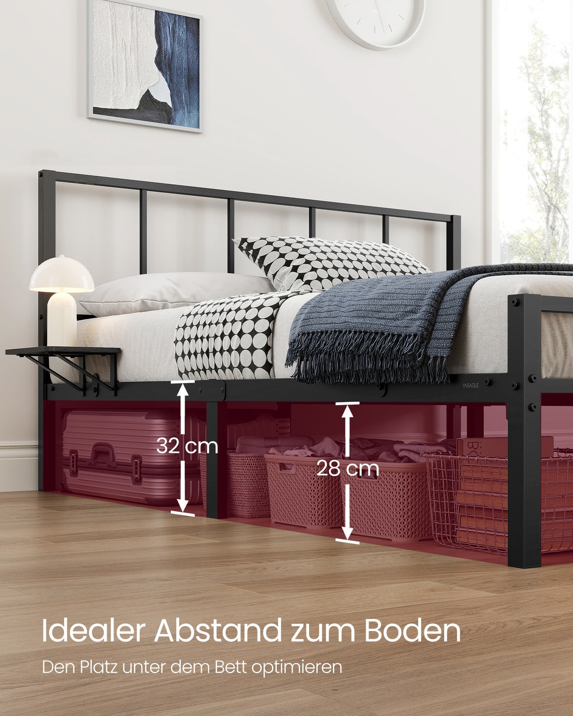 Metallbettgestell 160x200 cm - Mattschwarz - Mit 2 Ablageböden - Bis 450 kg belastbar