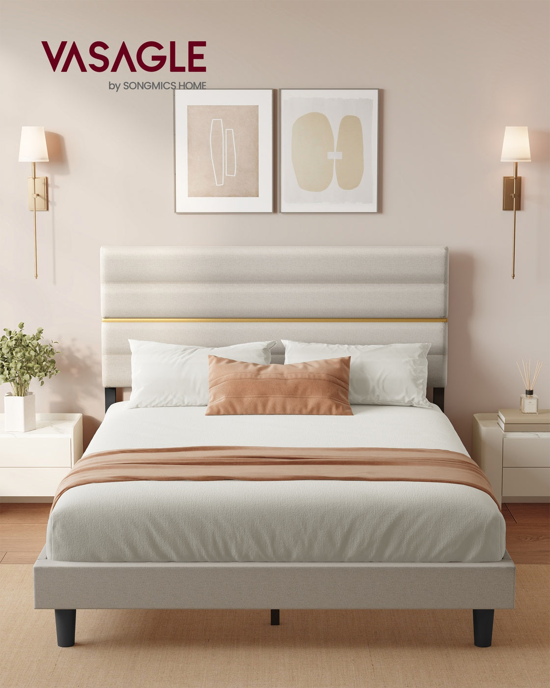 Gepolstertes Bettgestell – 160 x 200 cm – Verstellbares Kopfteil – Konstruktion aus Metall und Massivholz – Modernes Design