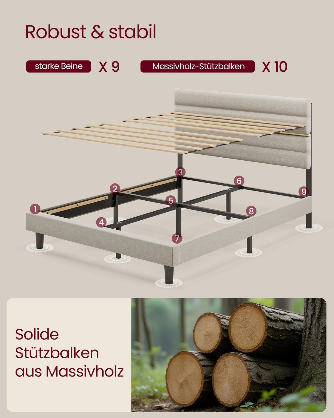 Gepolstertes Bettgestell – 160 x 200 cm – Verstellbares Kopfteil – Konstruktion aus Metall und Massivholz – Modernes Design