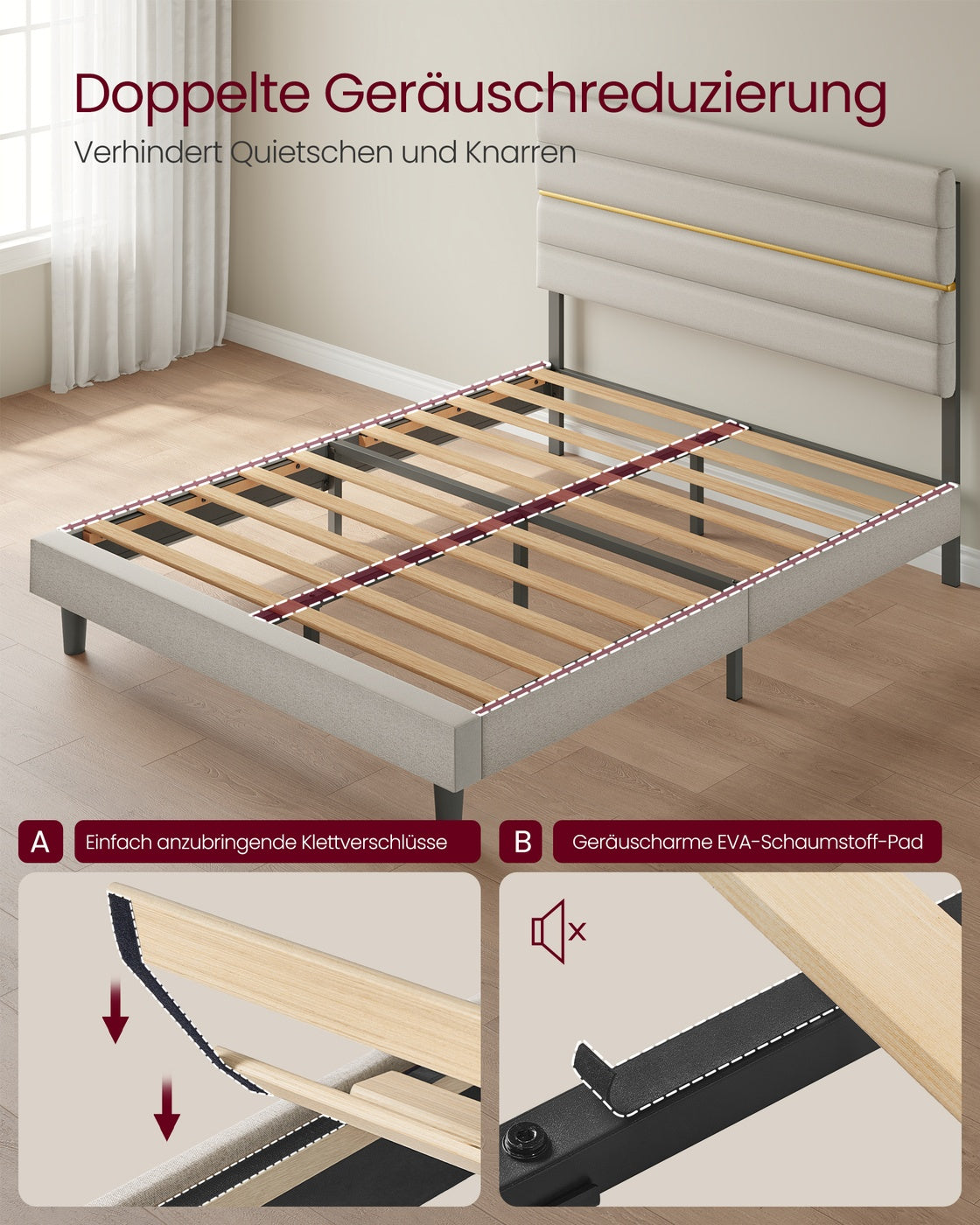 Gepolstertes Bettgestell – 160 x 200 cm – Verstellbares Kopfteil – Konstruktion aus Metall und Massivholz – Modernes Design