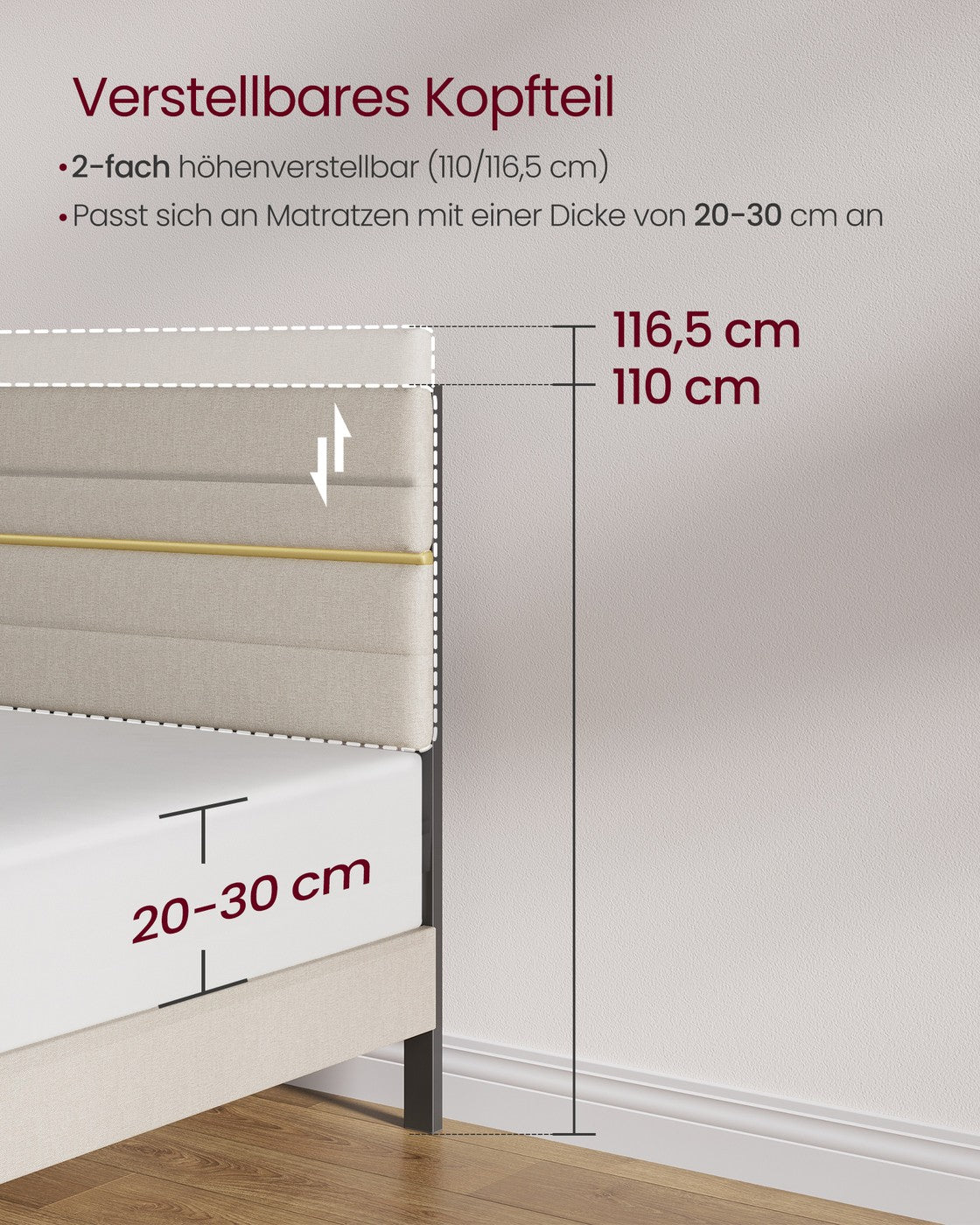 Gepolstertes Bettgestell – 160 x 200 cm – Verstellbares Kopfteil – Konstruktion aus Metall und Massivholz – Modernes Design