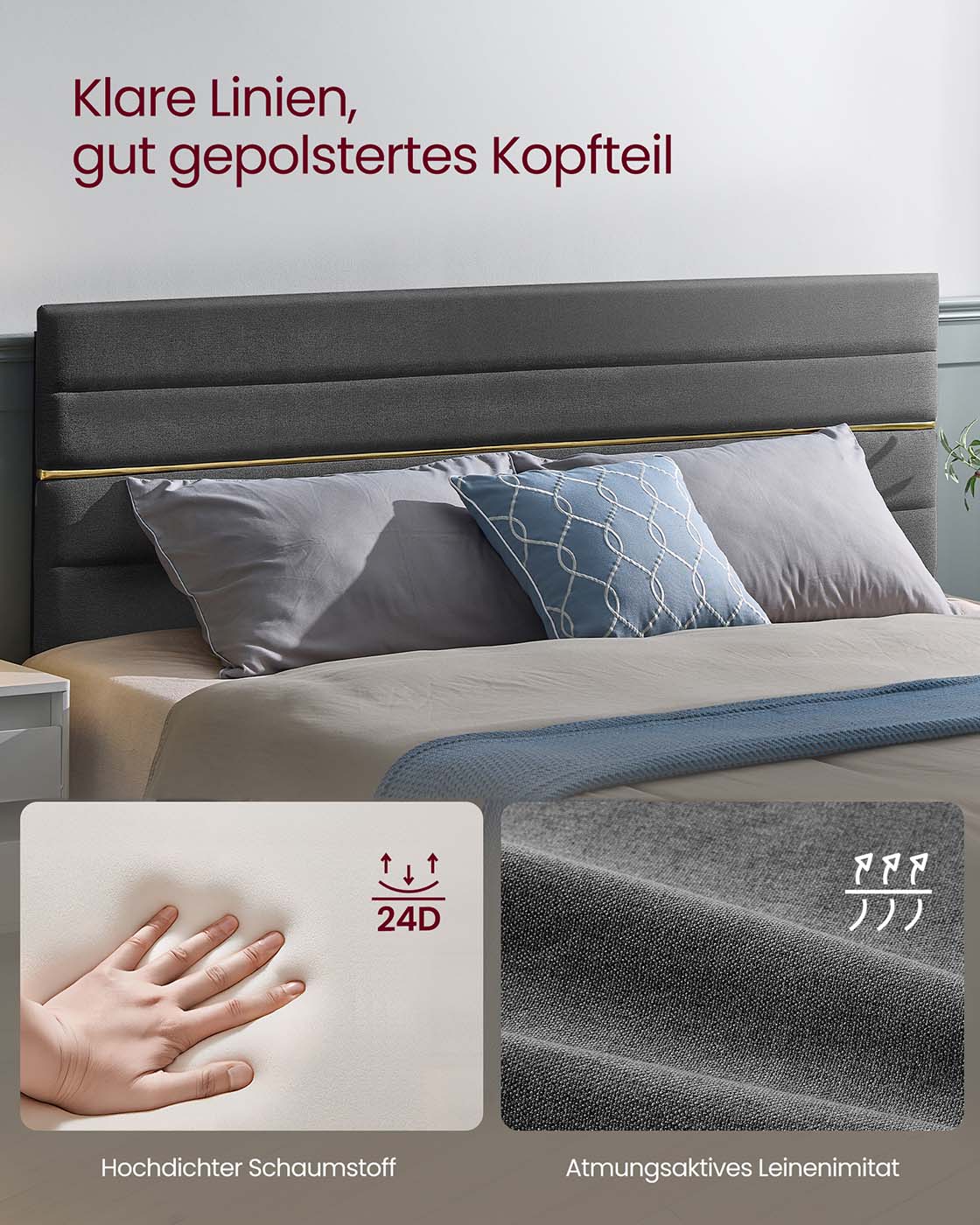 Gepolsterter Bettrahmen – Schiefergrau – Höhenverstellbares Kopfteil – Robuste Konstruktion
