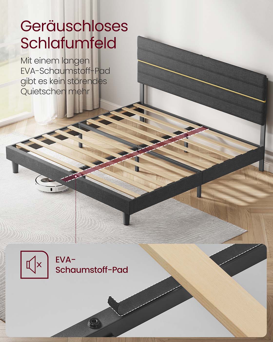 Gepolsterter Bettrahmen – Schiefergrau – Höhenverstellbares Kopfteil – Robuste Konstruktion