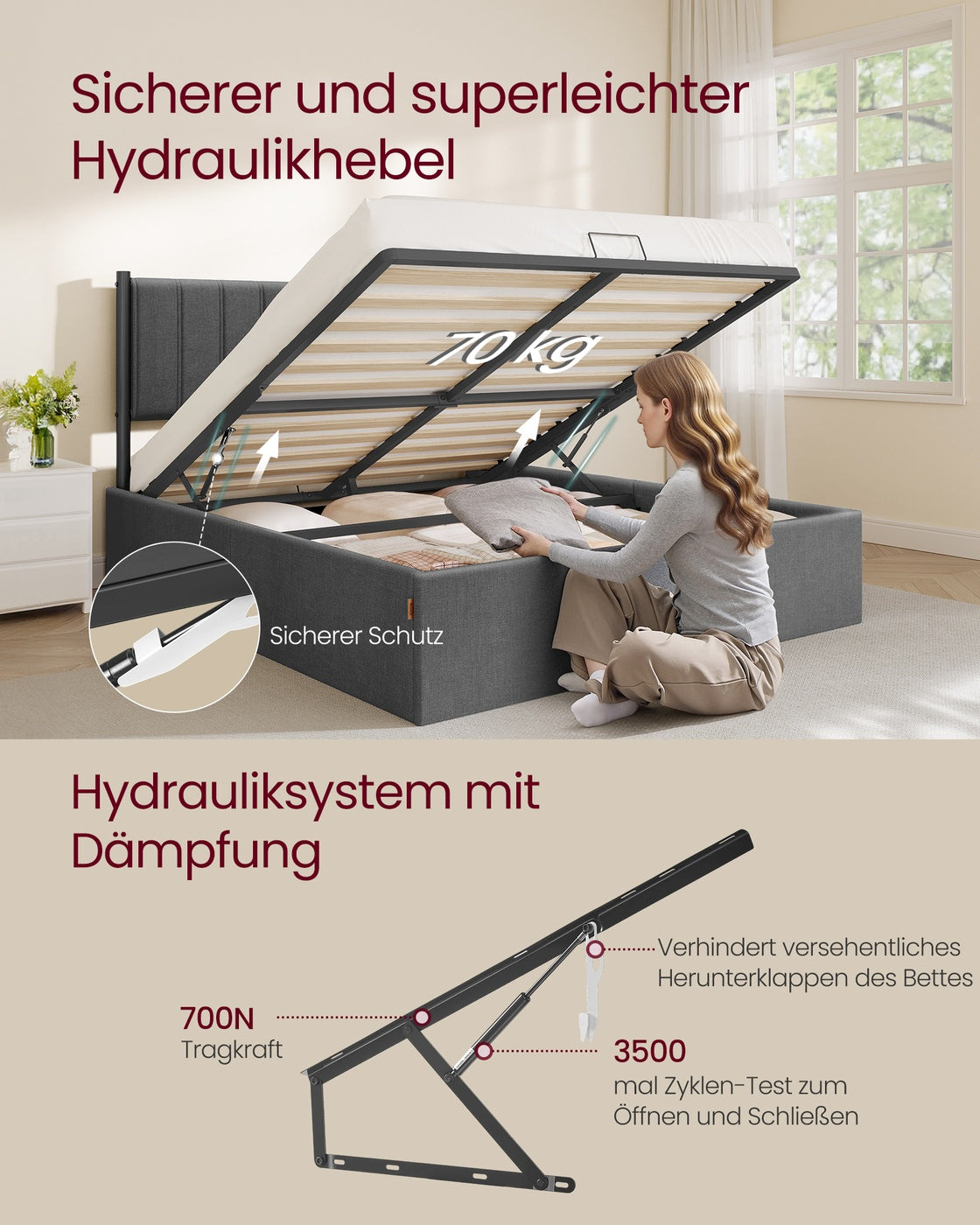 Bettgestell mit Stauraum – Dunkelgrau – Mit komfortablem Kopfteil und Hydrauliksystem