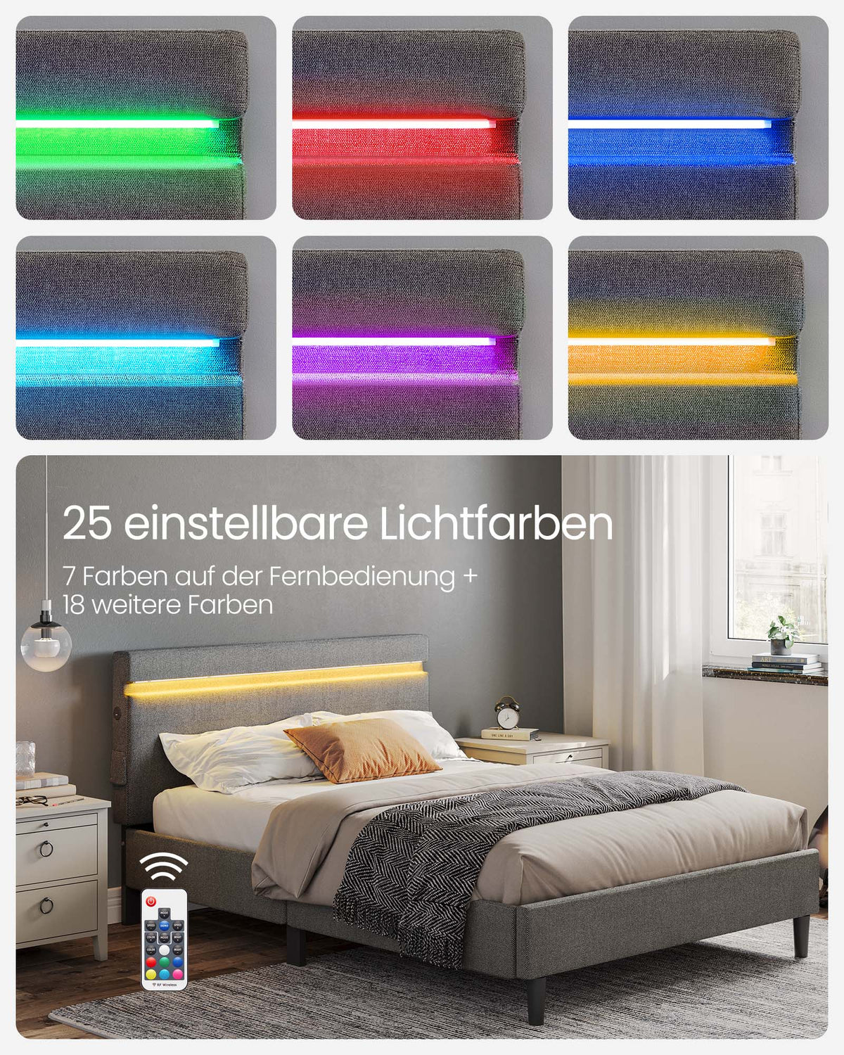 Modernes Bettgestell mit LED-Beleuchtung – USB-Lademöglichkeiten und Stauraum