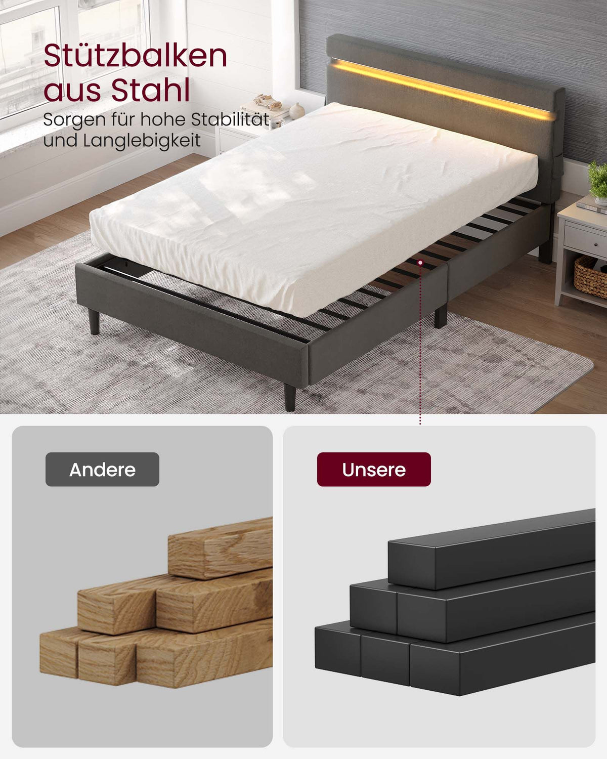 Modernes Bettgestell mit LED-Beleuchtung – USB-Lademöglichkeiten und Stauraum