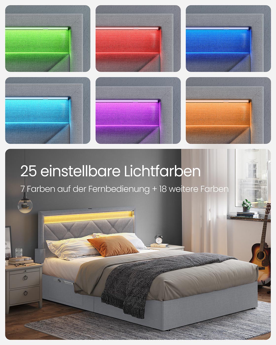 Luxuriöser LED-Boxspring mit USB-A- und USB-C-Anschluss – Schubladen mit Stauraum – Verstellbares Kopfteil – Cappuccino-Beige – Stabiles und funktionales Design