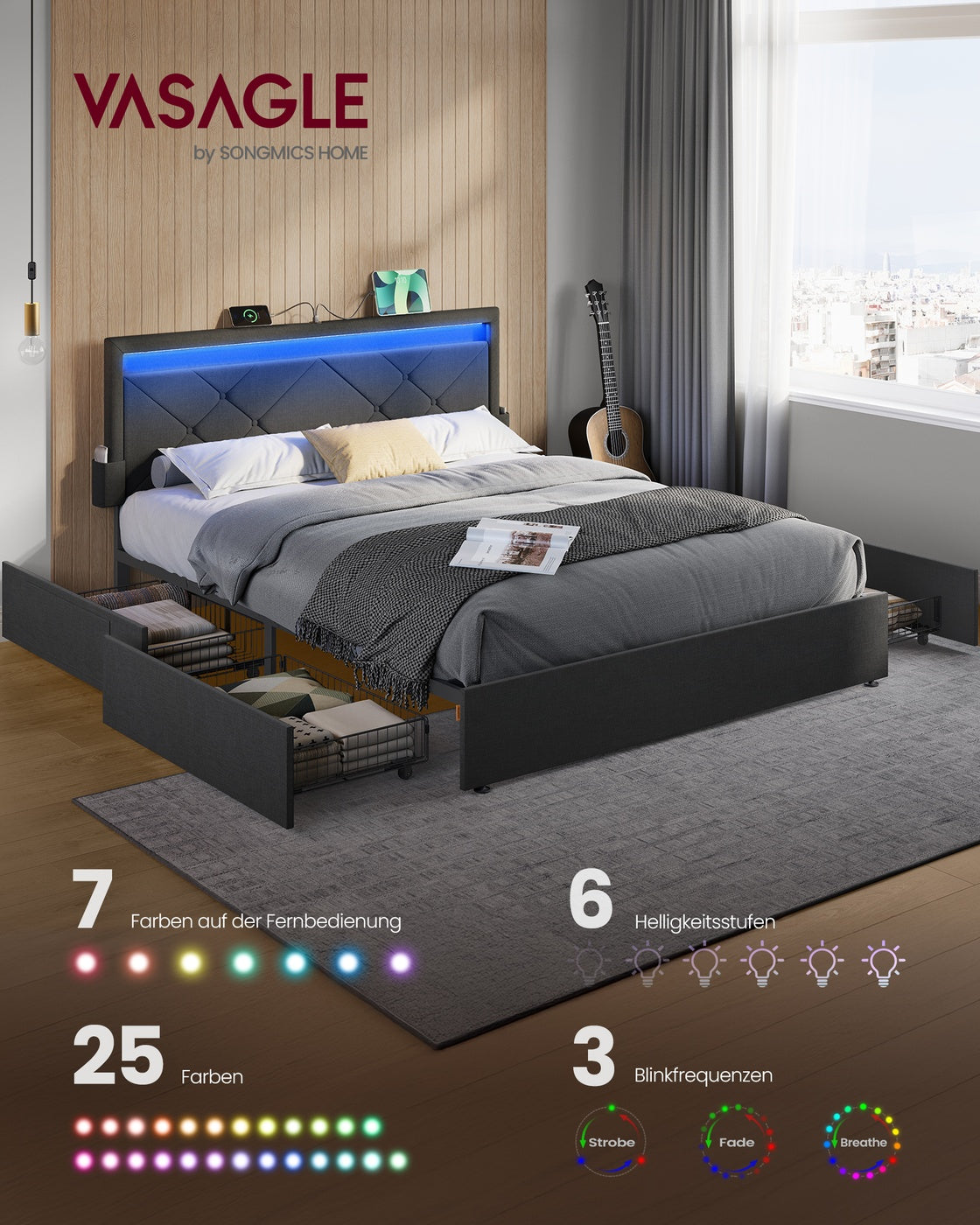 Multifunktionales Bettgestell mit LED-Beleuchtung und Stauraum - USB-Anschluss