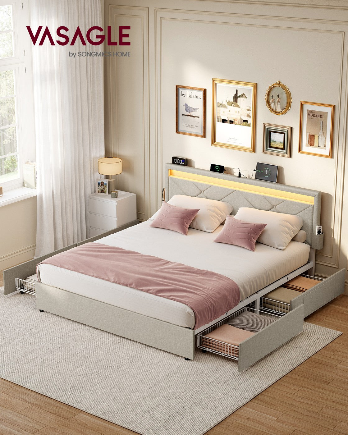 Luxuriöser LED-Boxspring mit USB-A- und USB-C-Anschluss – Schubladen mit Stauraum – Verstellbares Kopfteil – Cappuccino-Beige – Stabiles und funktionales Design