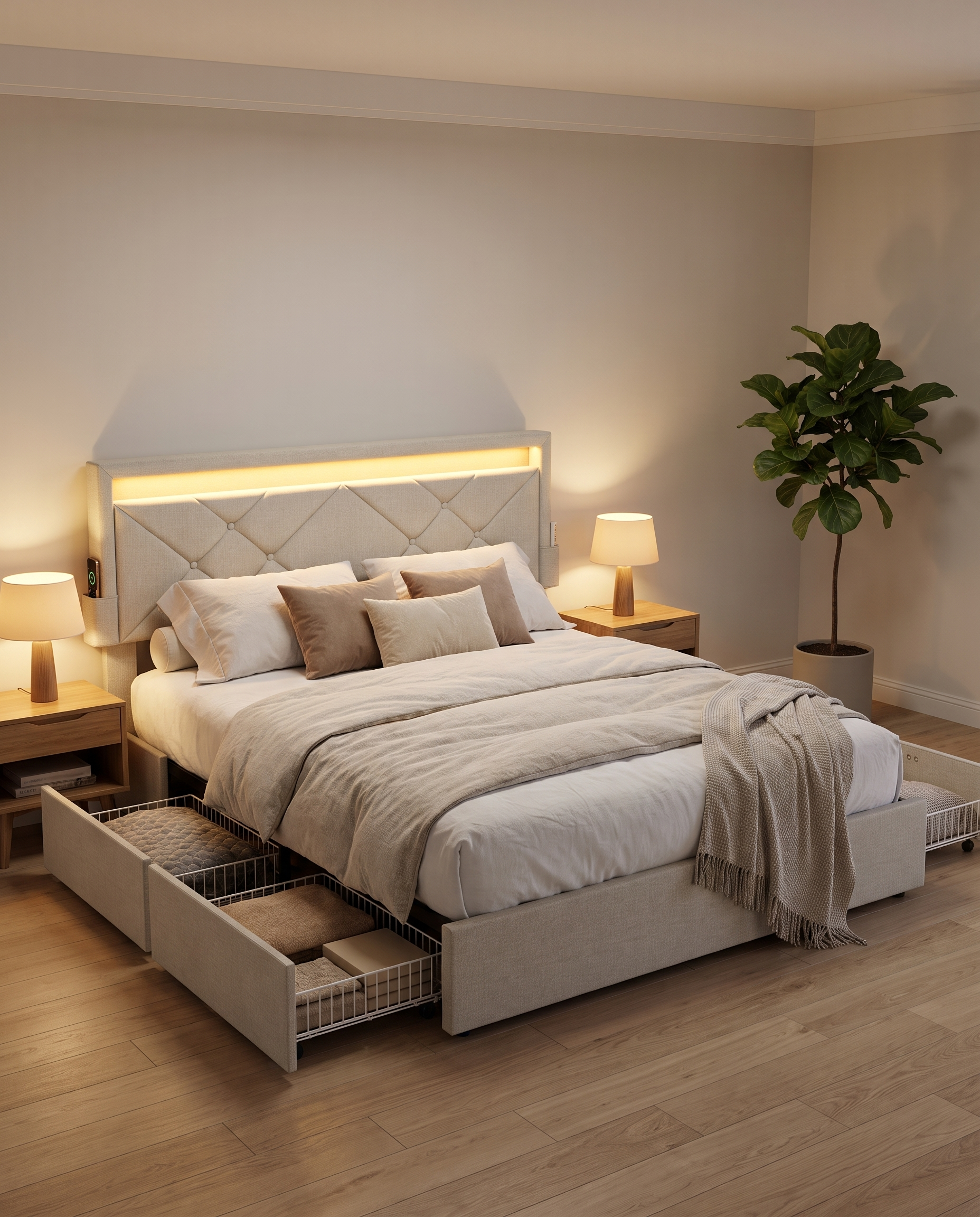 Luxuriöser LED-Boxspring mit USB-A- und USB-C-Anschluss – Schubladen mit Stauraum – Verstellbares Kopfteil – Cappuccino-Beige – Stabiles und funktionales Design