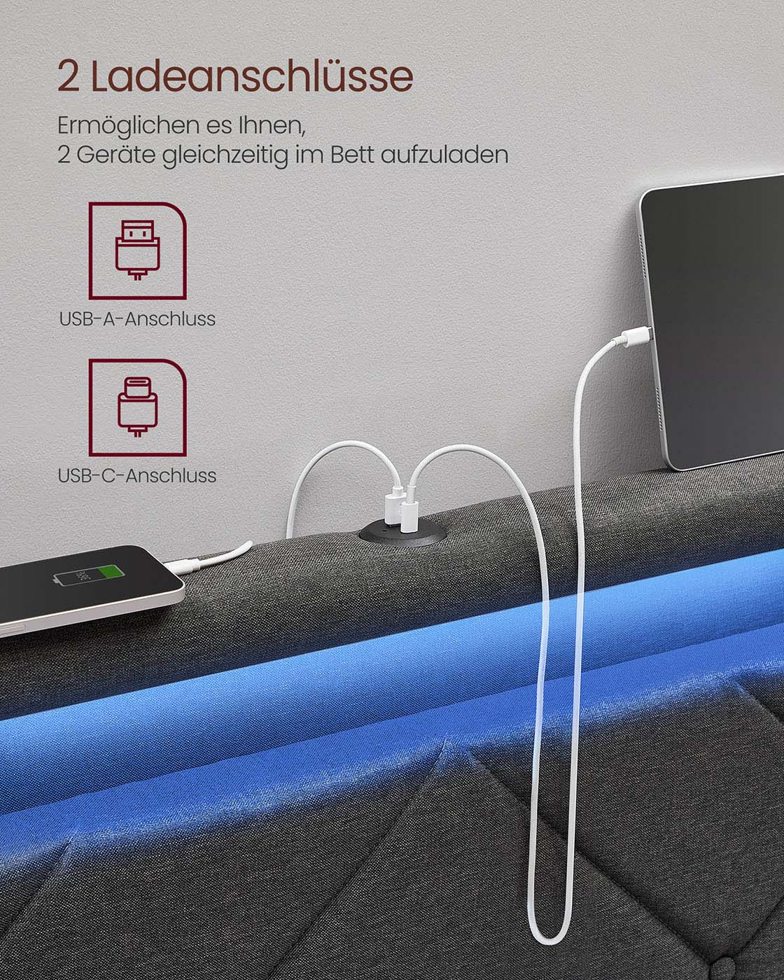 Multifunktionales Bettgestell mit LED-Beleuchtung und Stauraum - USB-Anschluss