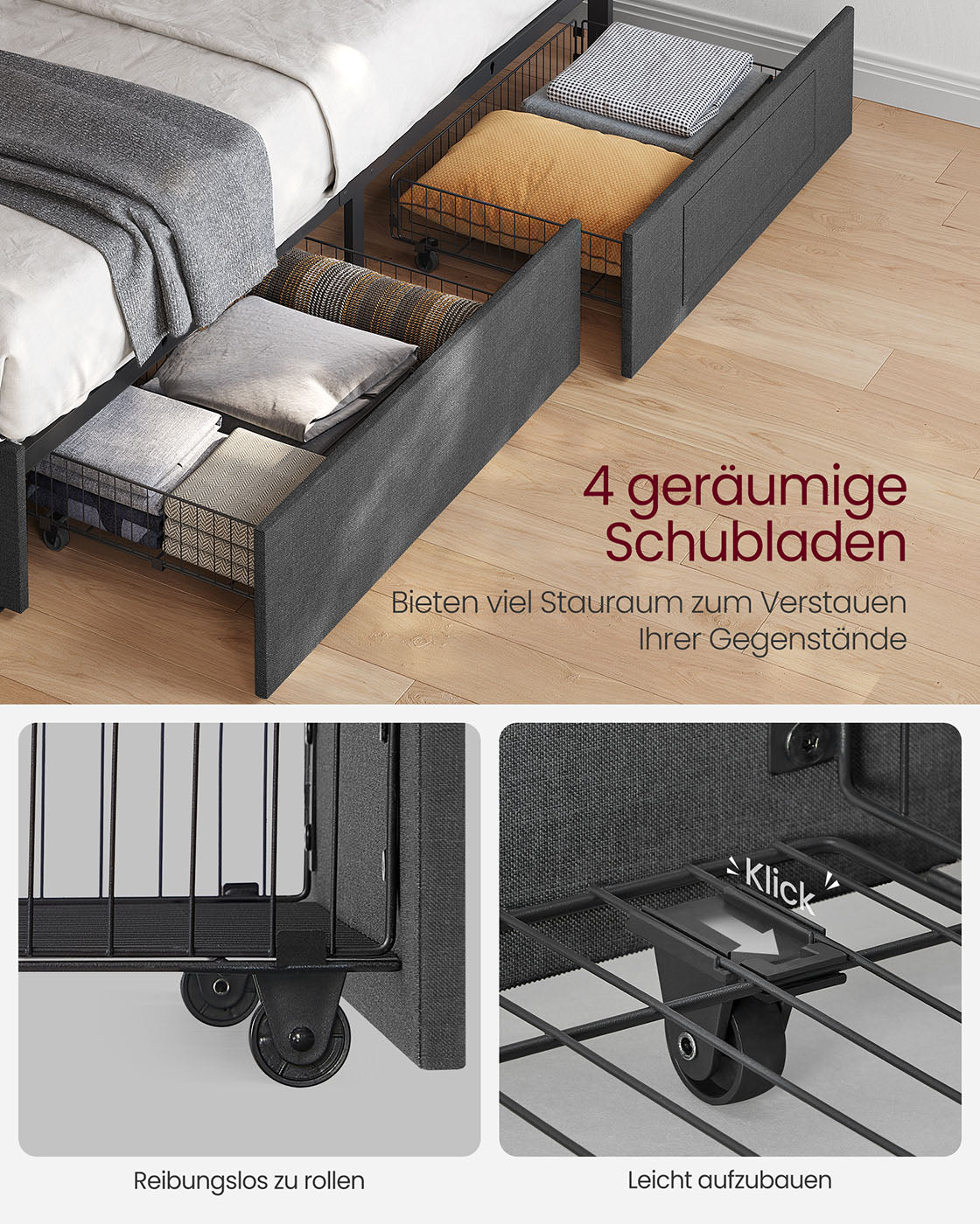 Multifunktionales Bettgestell mit LED-Beleuchtung und Stauraum - USB-Anschluss