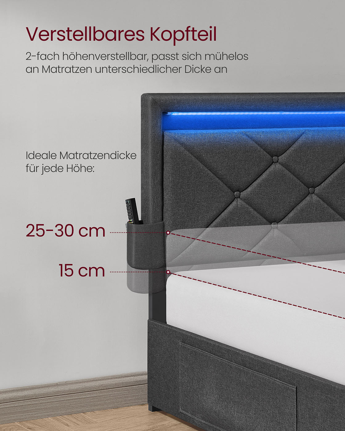 Multifunktionales Bettgestell mit LED-Beleuchtung und Stauraum - USB-Anschluss