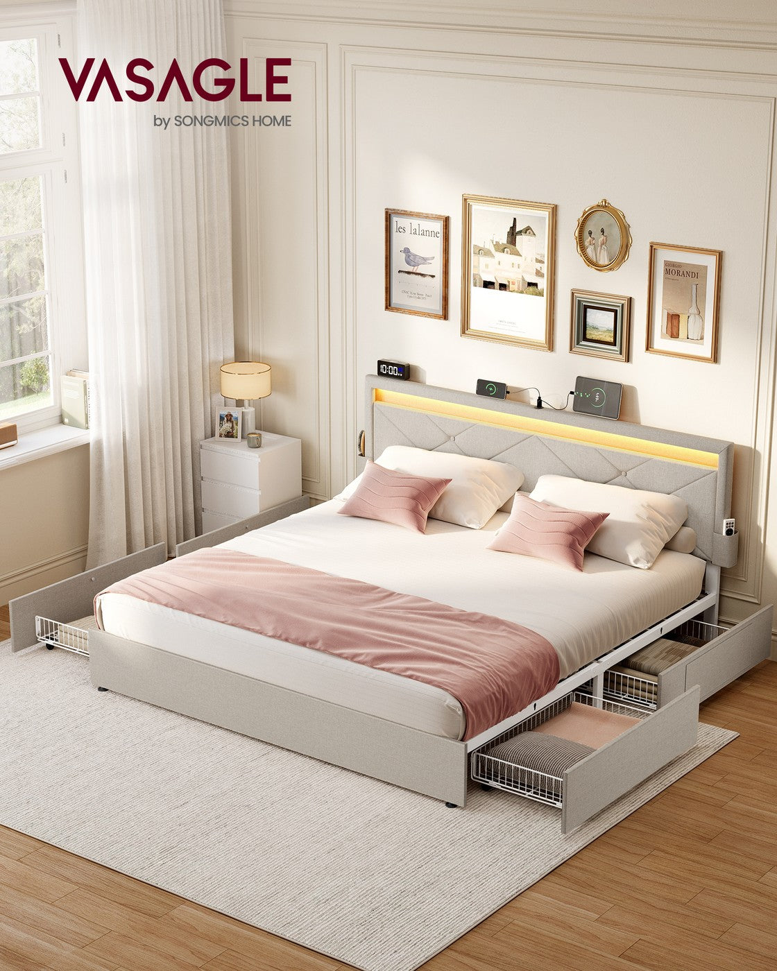Luxuriöser LED-Boxspring mit USB-A- und USB-C-Anschluss – Schubladen mit Stauraum – Verstellbares Kopfteil – Cappuccino-Beige – Stabiles und funktionales Design