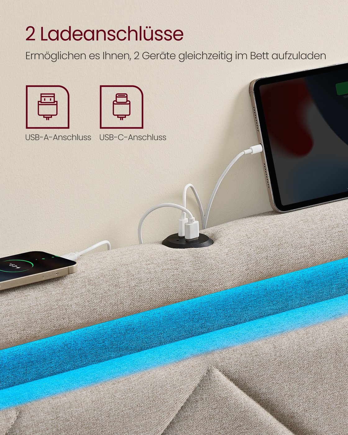 Luxuriöser LED-Boxspring mit USB-A- und USB-C-Anschluss – Schubladen mit Stauraum – Verstellbares Kopfteil – Cappuccino-Beige – Stabiles und funktionales Design