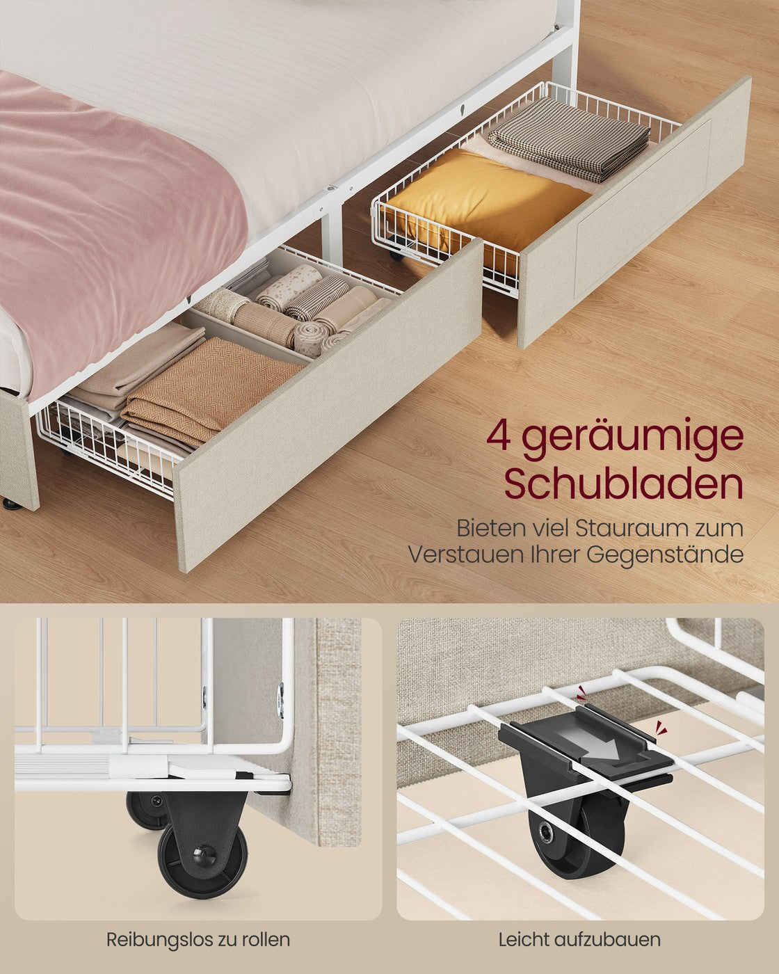 Luxuriöser LED-Boxspring mit USB-A- und USB-C-Anschluss – Schubladen mit Stauraum – Verstellbares Kopfteil – Cappuccino-Beige – Stabiles und funktionales Design