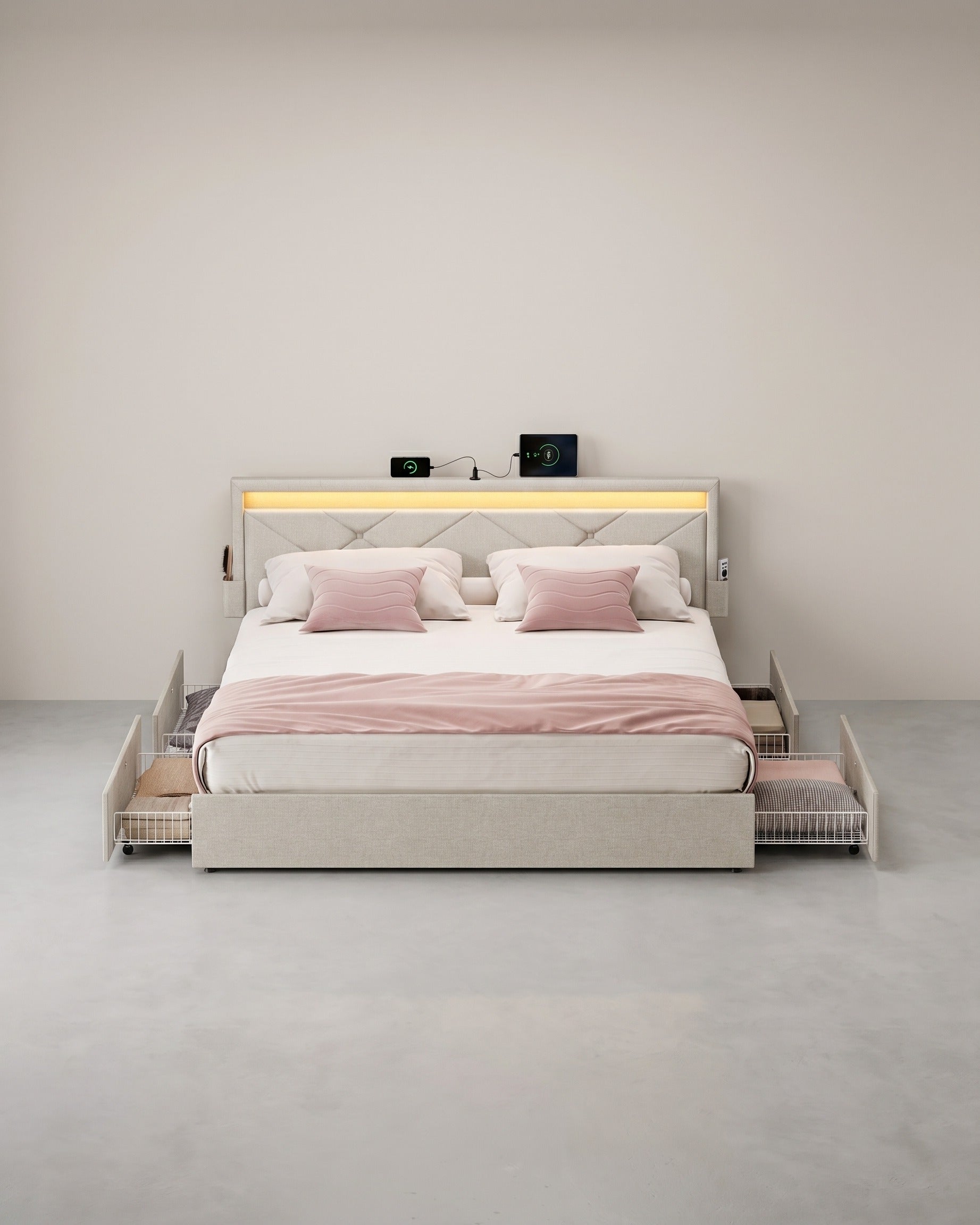 Luxuriöser LED-Boxspring mit USB-A- und USB-C-Anschluss – Schubladen mit Stauraum – Verstellbares Kopfteil – Cappuccino-Beige – Stabiles und funktionales Design – 140 x 200 cm