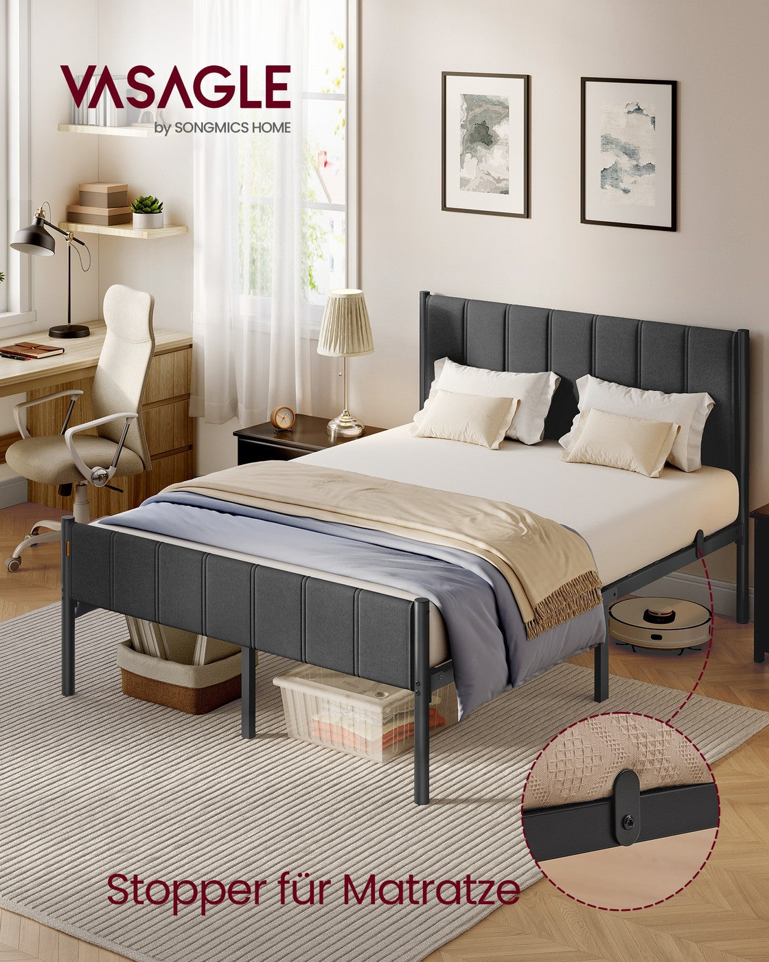 Polsterbett mit Kopfteil – minimalistisch – mit Stauraum, belastbar bis 500 kg – 90/140/160 x 200 cm