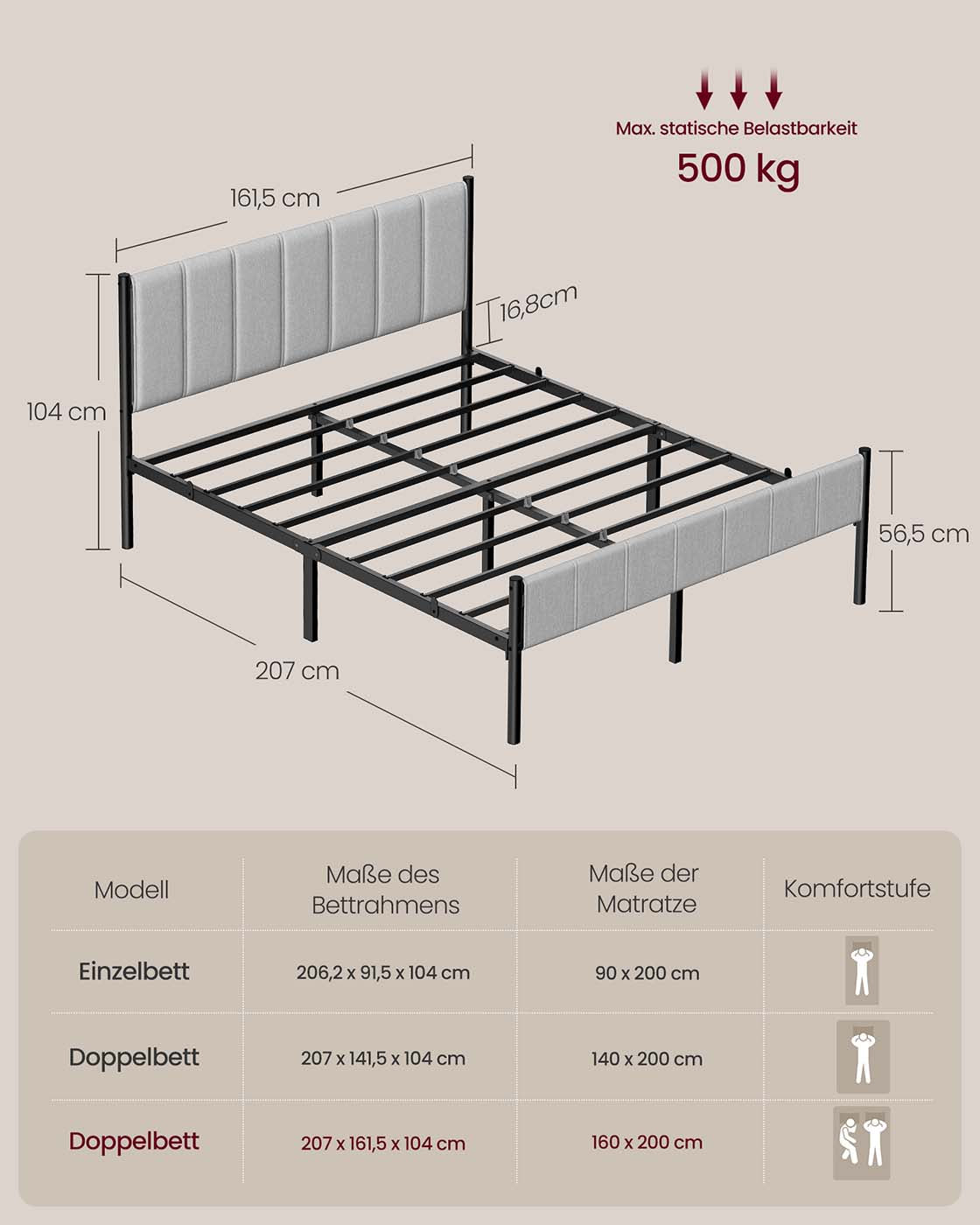 Polsterbett mit Kopfteil – minimalistisch – mit Stauraum, belastbar bis 500 kg – 90/140/160 x 200 cm