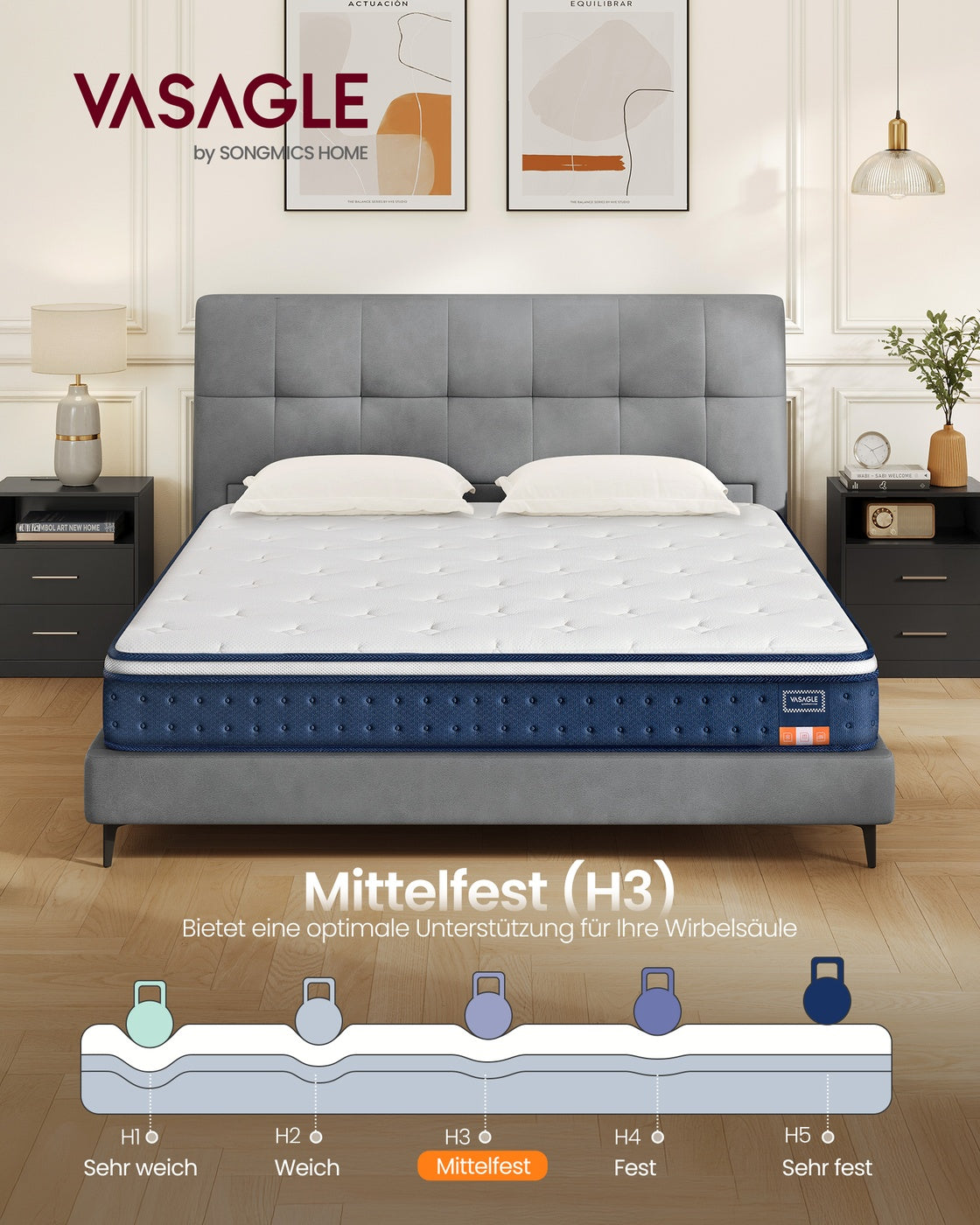 Hybridmatratze – Taschenfederkern mit Gel-Memory-Schaum – 7-lagige Unterstützung – Atmungsaktiv – Härtegrad H3 – Kühlung