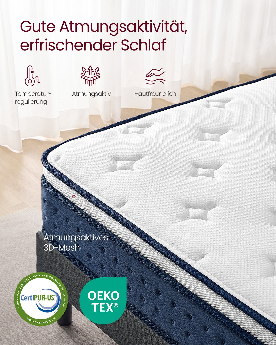 Hybridmatratze – Taschenfederkern mit Gel-Memory-Schaum – 7-lagige Unterstützung – Atmungsaktiv – Härtegrad H3 – Kühlung