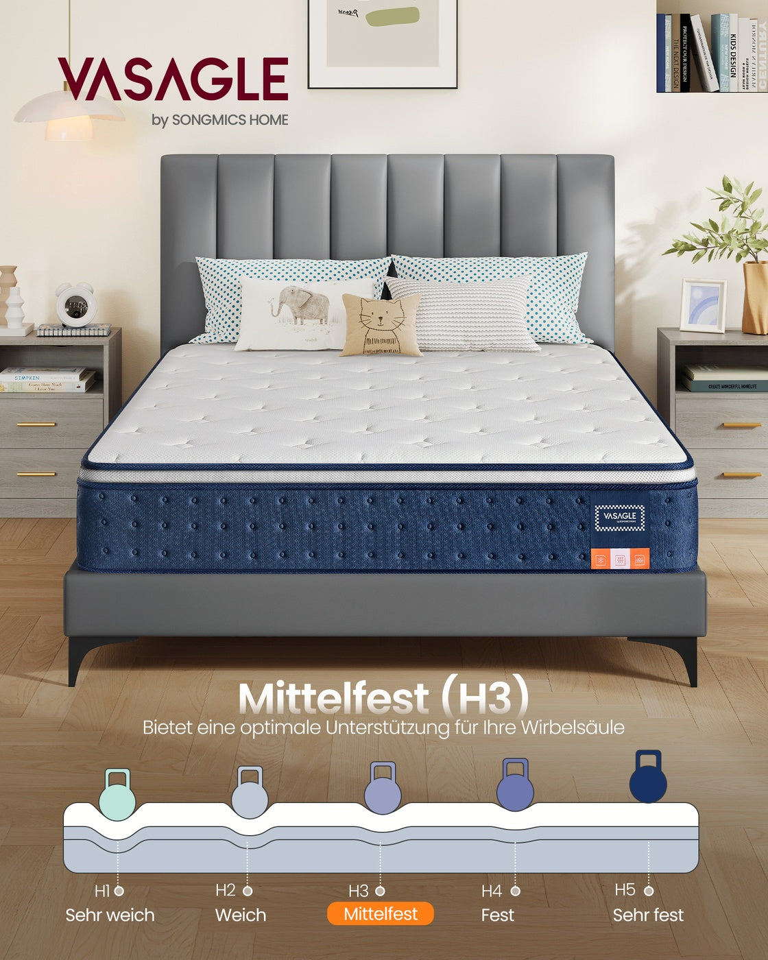 Hybridmatratze – Taschenfederkern mit Gel-Memory-Schaum – 7-lagige Unterstützung – Atmungsaktiv – Härtegrad H3 – Kühlung