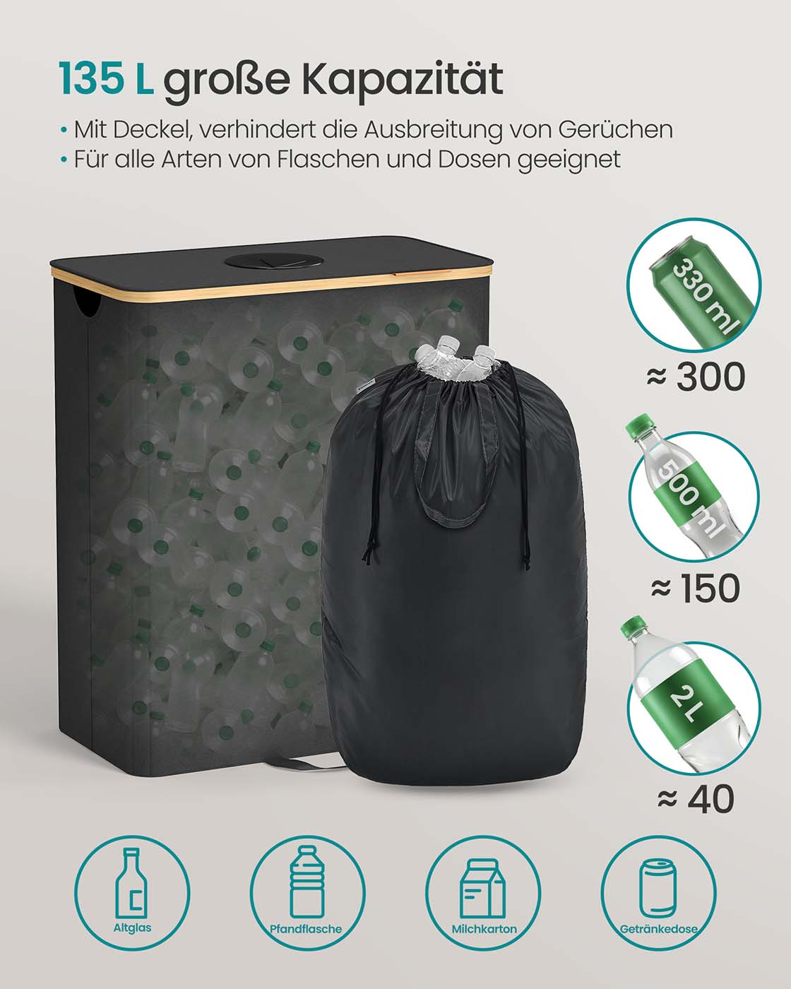 Pfandflaschenbehälter – 95L oder 135L – Faltbarer Flaschensammler mit Deckel und Überwurf – Mit waschbarem Innenbeutel und Tragegriffen