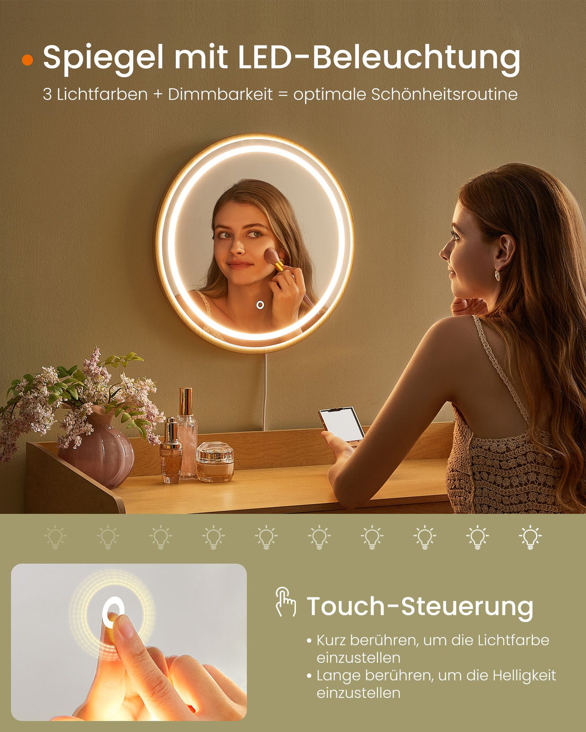 Schminktisch mit Spiegel und Beleuchtung – Bohemian Design – 90 cm breit – BOHO Kollektion