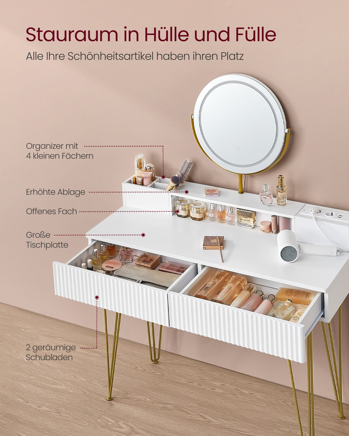 Frisiertisch mit Hocker – LED-beleuchteter Spiegel – Luxus-Schminktisch