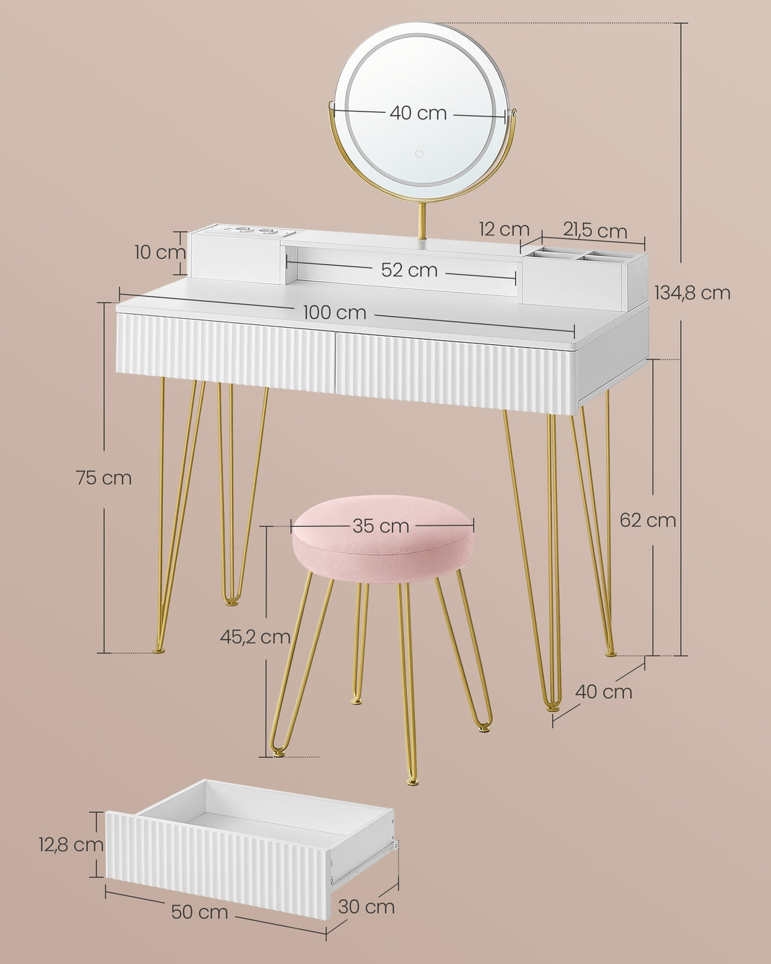 Frisiertisch mit Hocker – LED-beleuchteter Spiegel – Luxus-Schminktisch